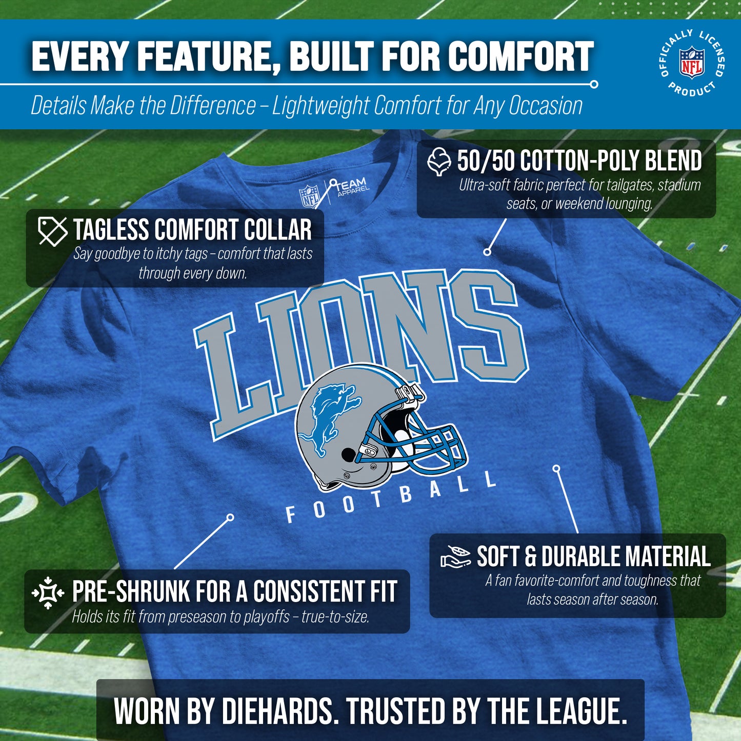 Detroit Lions NFL Adult All Star Heather Tag-Less T-Shirt - Blue Heather