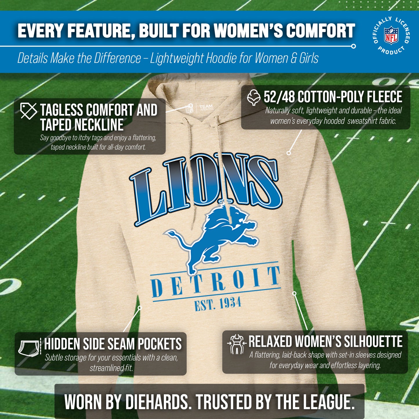 Detroit Lions Team Fan Apparel NFL Women's  Starstruck Fleece Pullover Hoodie - Cream