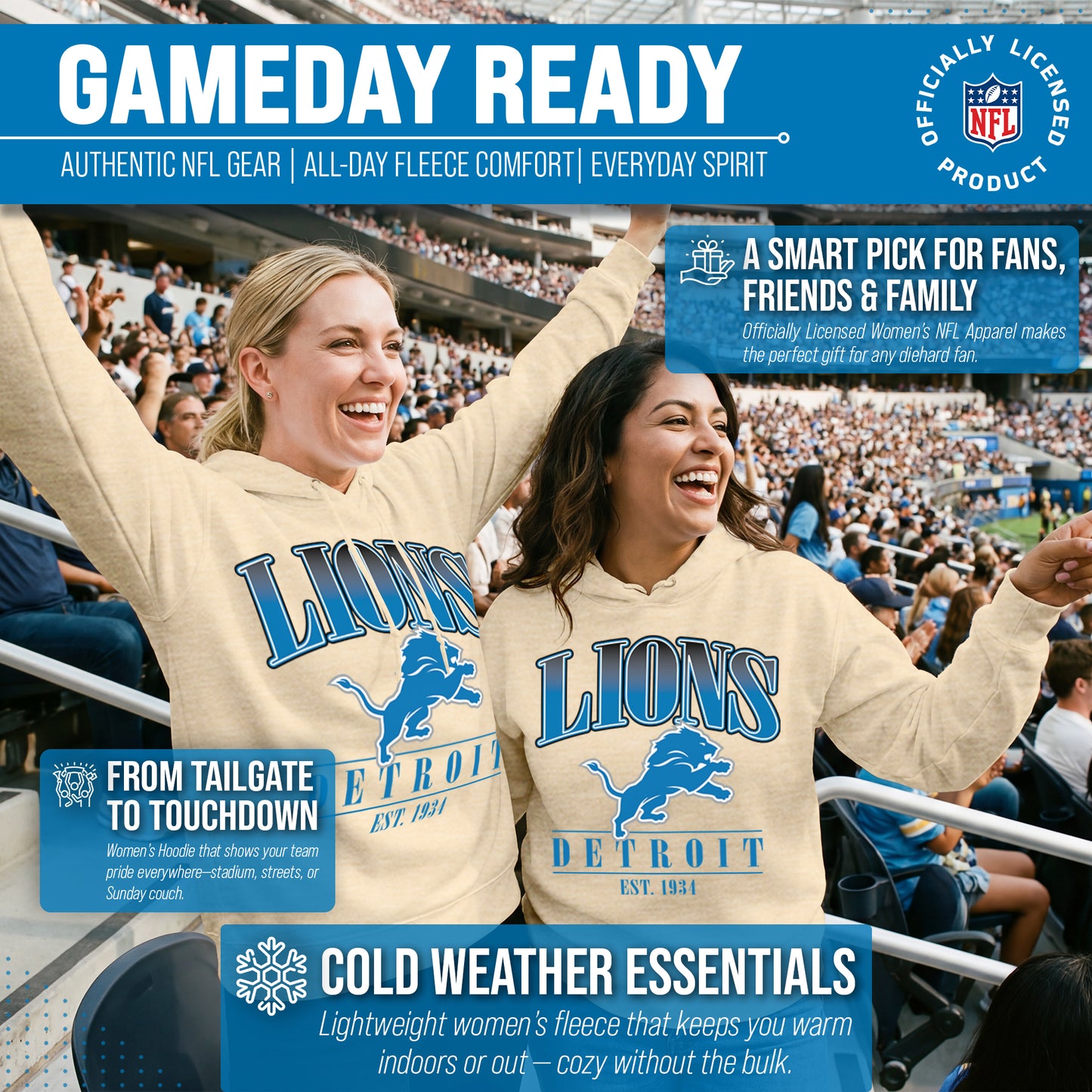 Detroit Lions Team Fan Apparel NFL Women's  Starstruck Fleece Pullover Hoodie - Cream