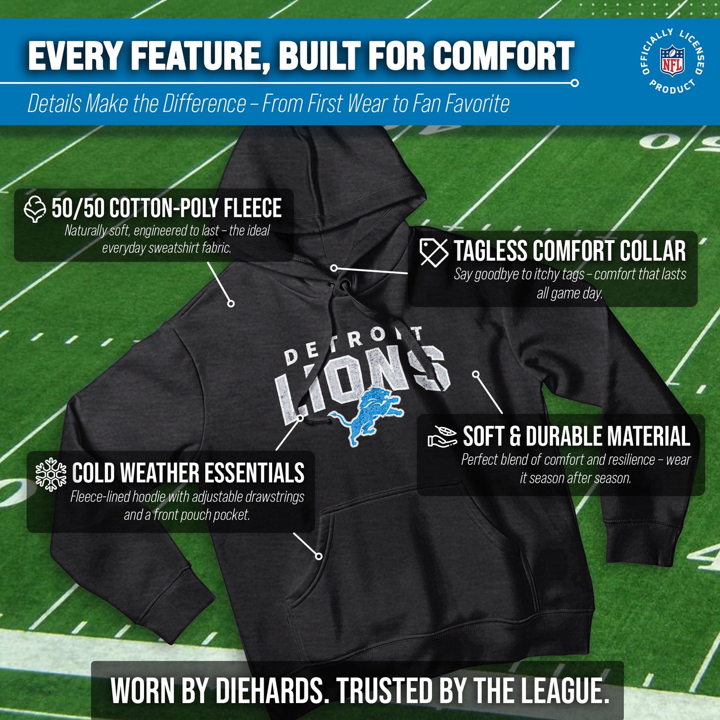 Detroit Lions NFL Adult Unisex Starting Fresh Ultra Soft Fleece Hooded Sweatshirt - Black Heather