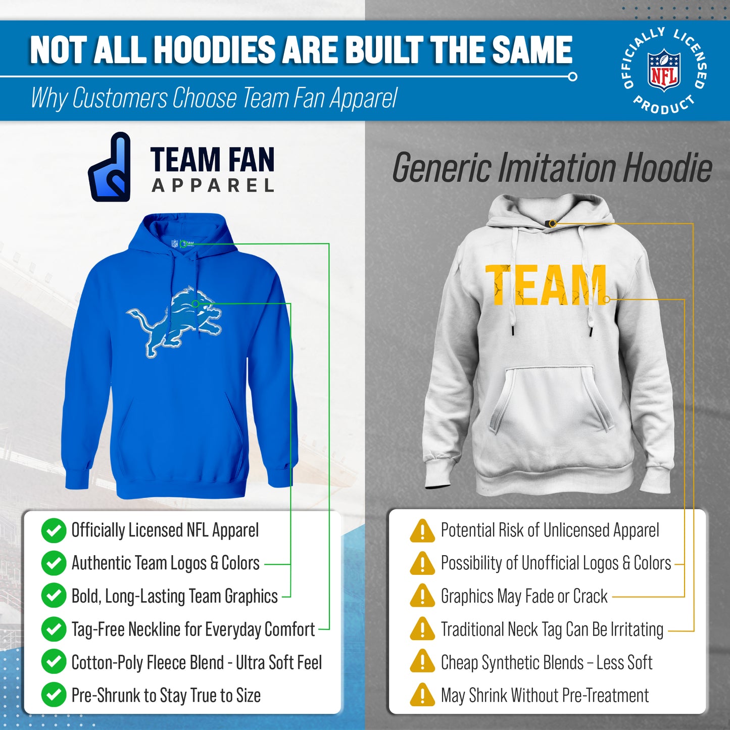 Detroit Lions NFL Adult Unisex Modern Throwback Ultra Soft Fleece Hooded Sweatshirt - Blue