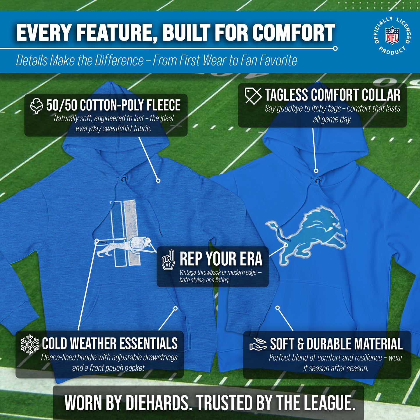 Detroit Lions NFL Adult Unisex Modern Throwback Ultra Soft Fleece Hooded Sweatshirt - Blue