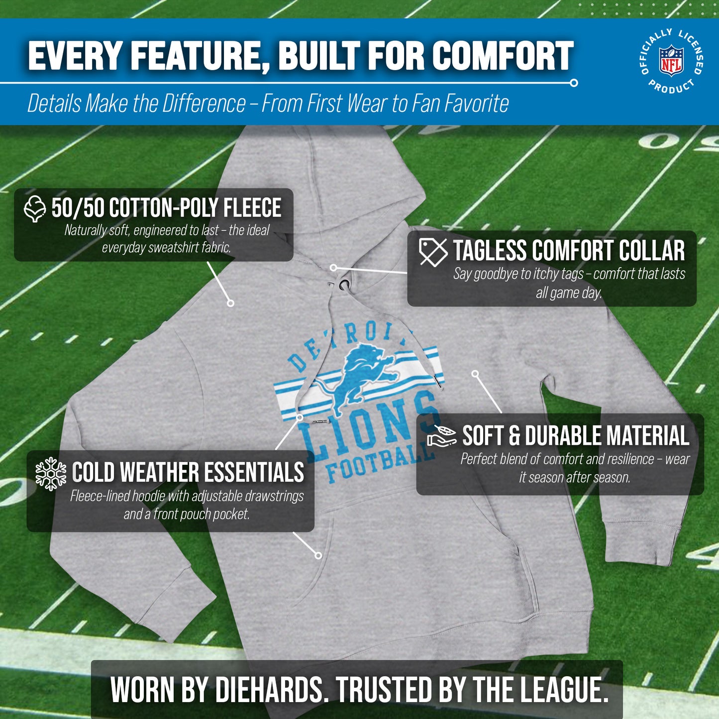 Detroit Lions NFL Team Stripe Hooded Sweatshirt- Soft Pullover Sports Hoodie For Men & Women - Sport Gray