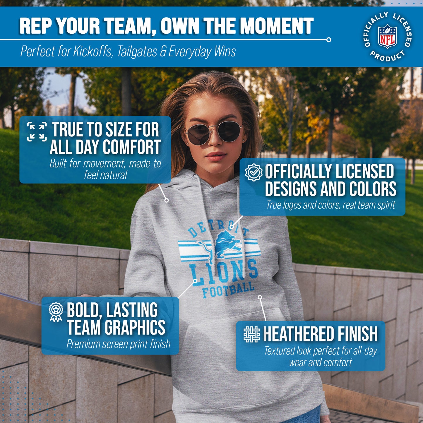 Detroit Lions NFL Team Stripe Hooded Sweatshirt- Soft Pullover Sports Hoodie For Men & Women - Sport Gray