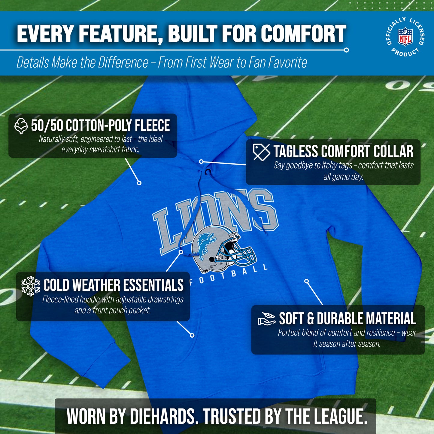 Detroit Lions NFL Adult Unisex All Star Soft Fleece Hooded Sweatshirt - Blue Heather