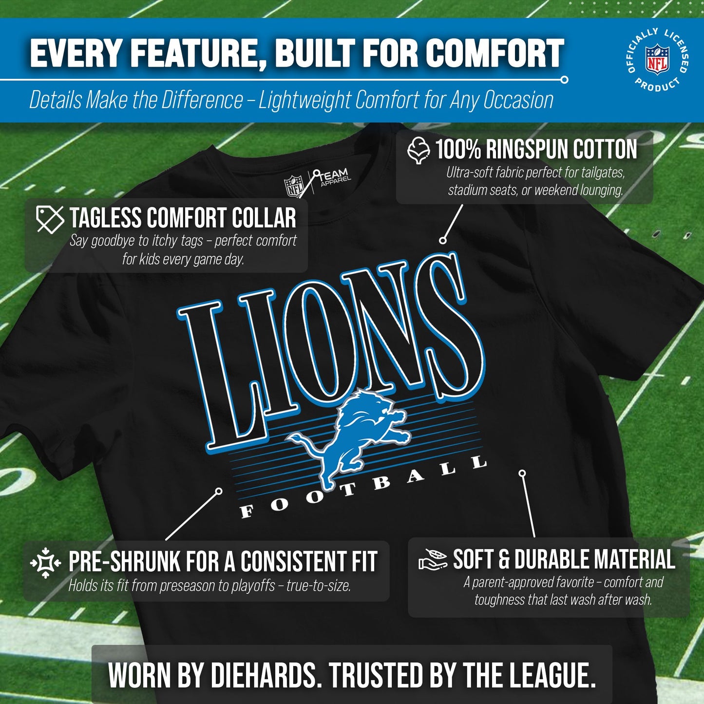 Detroit Lions NFL Youth Overtime Blueprint Football T-Shirt Unisex Tag Free Comfortable - Black