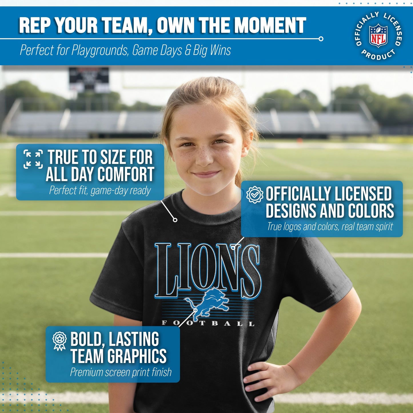 Detroit Lions NFL Youth Overtime Blueprint Football T-Shirt Unisex Tag Free Comfortable - Black