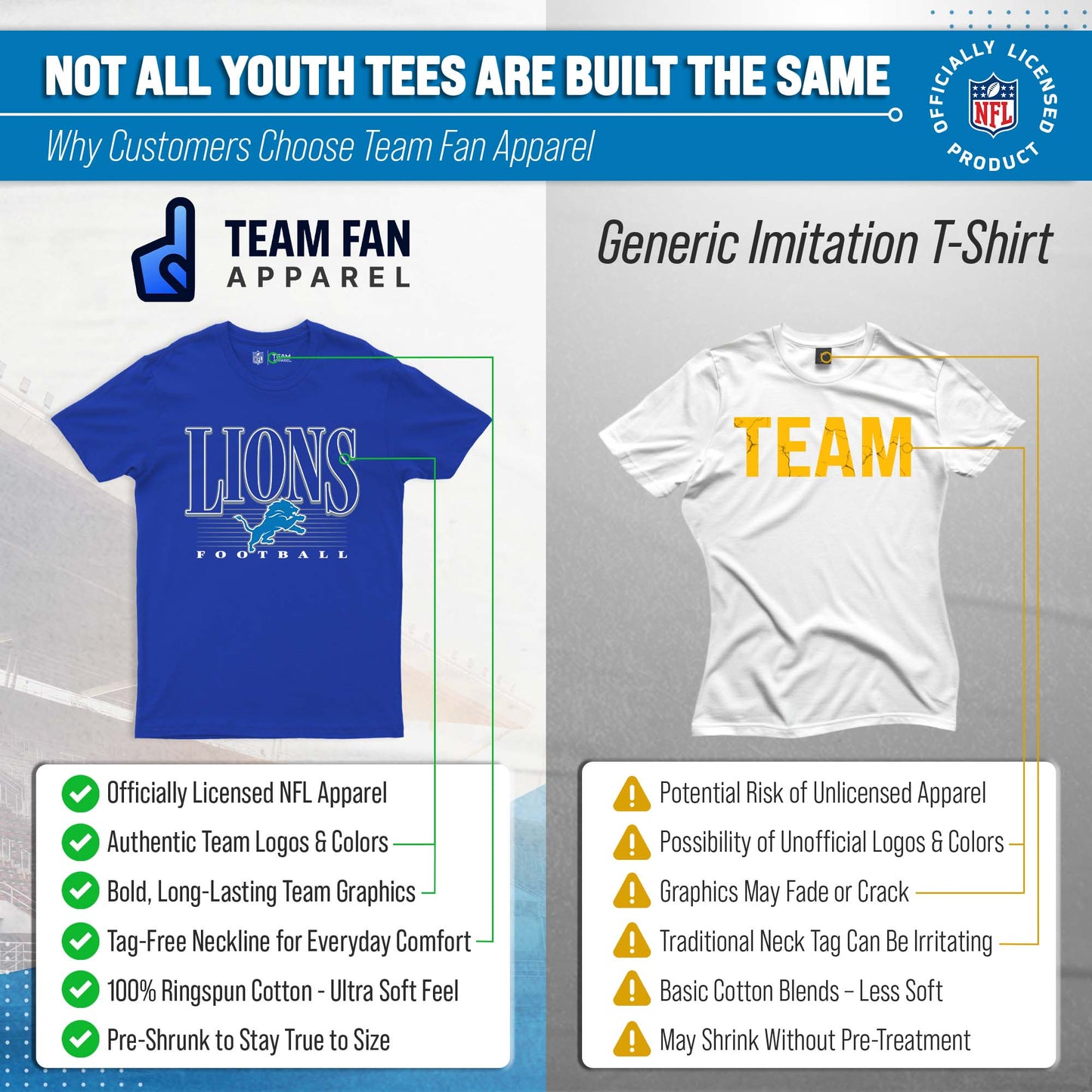 Detroit Lions NFL Youth Overtime Blueprint Football T-Shirt Unisex Tag Free Comfortable - Royal
