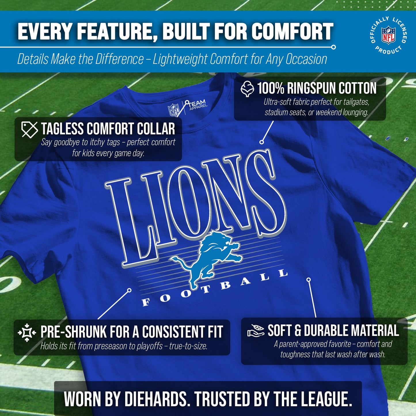 Detroit Lions NFL Youth Overtime Blueprint Football T-Shirt Unisex Tag Free Comfortable - Royal