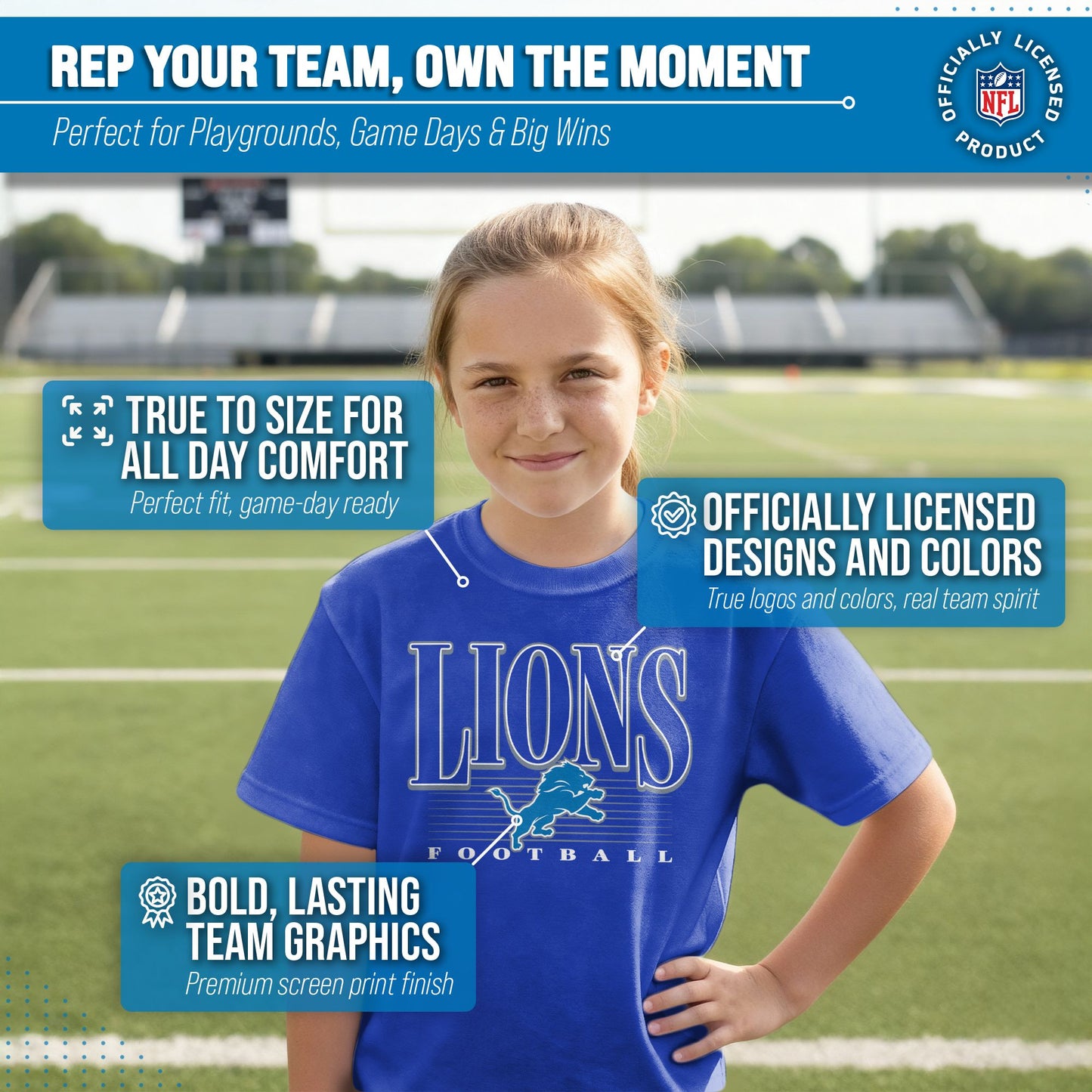 Detroit Lions NFL Youth Overtime Blueprint Football T-Shirt Unisex Tag Free Comfortable - Royal