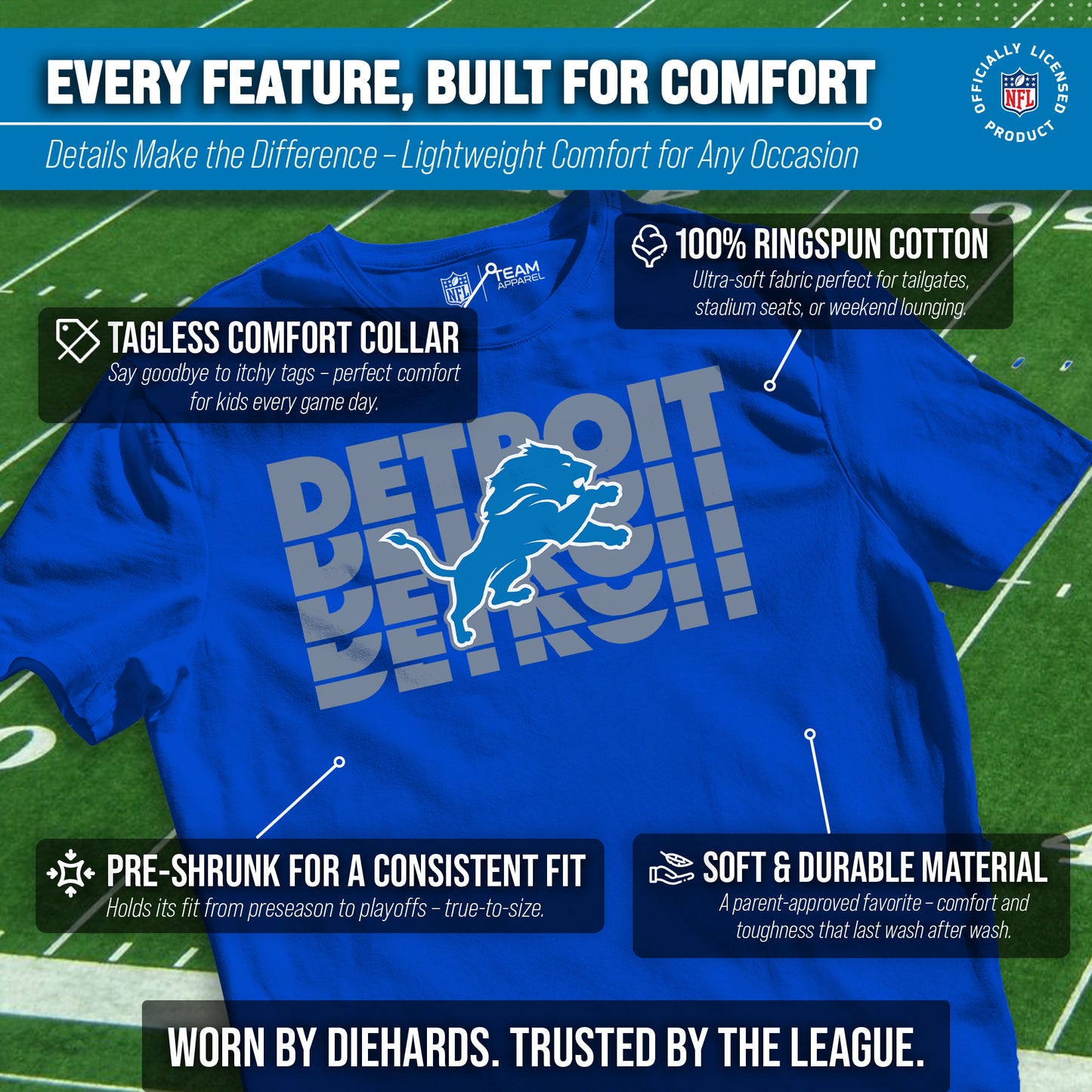 Detroit Lions NFL Youth Repeating Logo Football T-Shirt Unisex Tag Free Comfortable - Royal