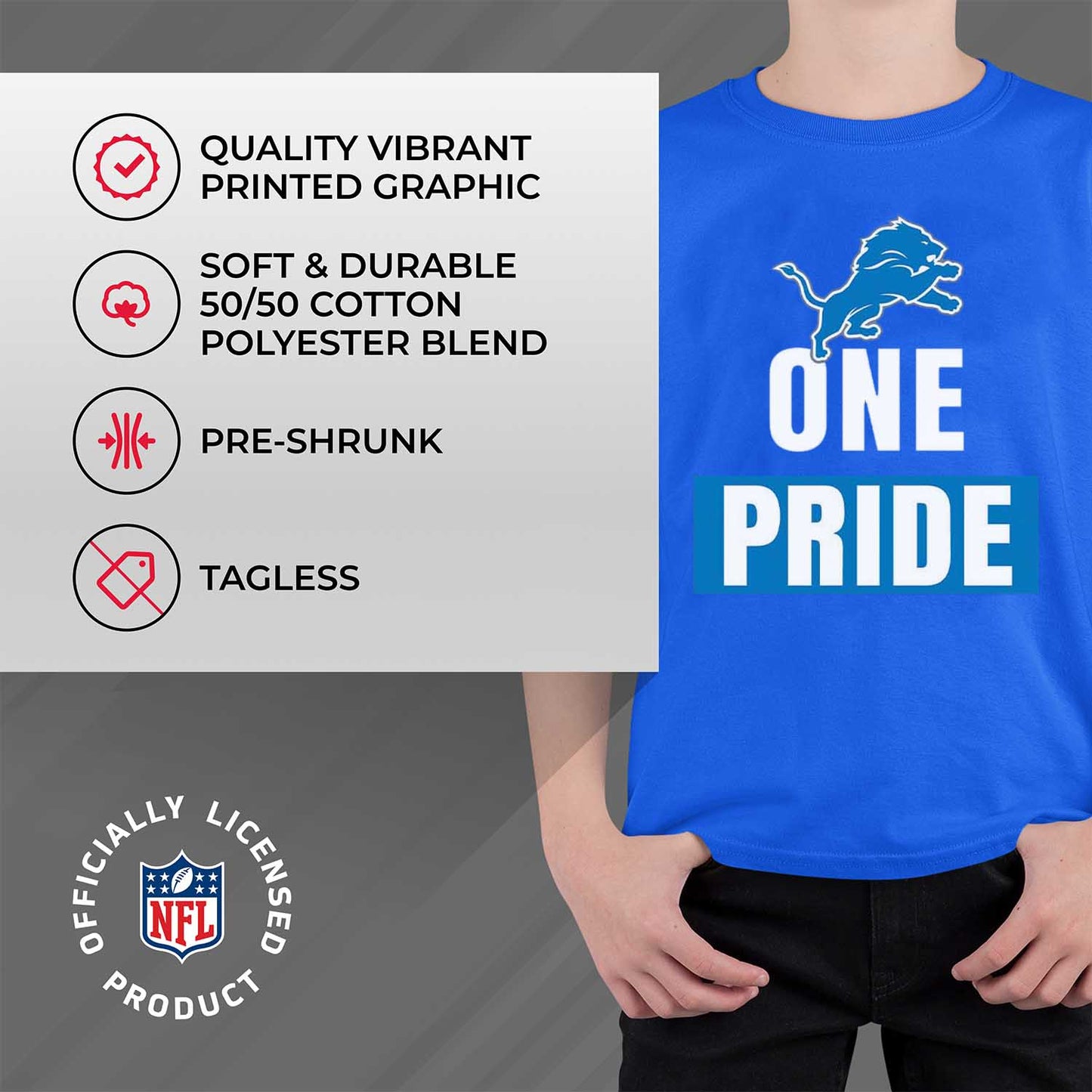 Detroit Lions NFL Youth Team Slogan Short Sleeve Lightweight T Shirt - Royal