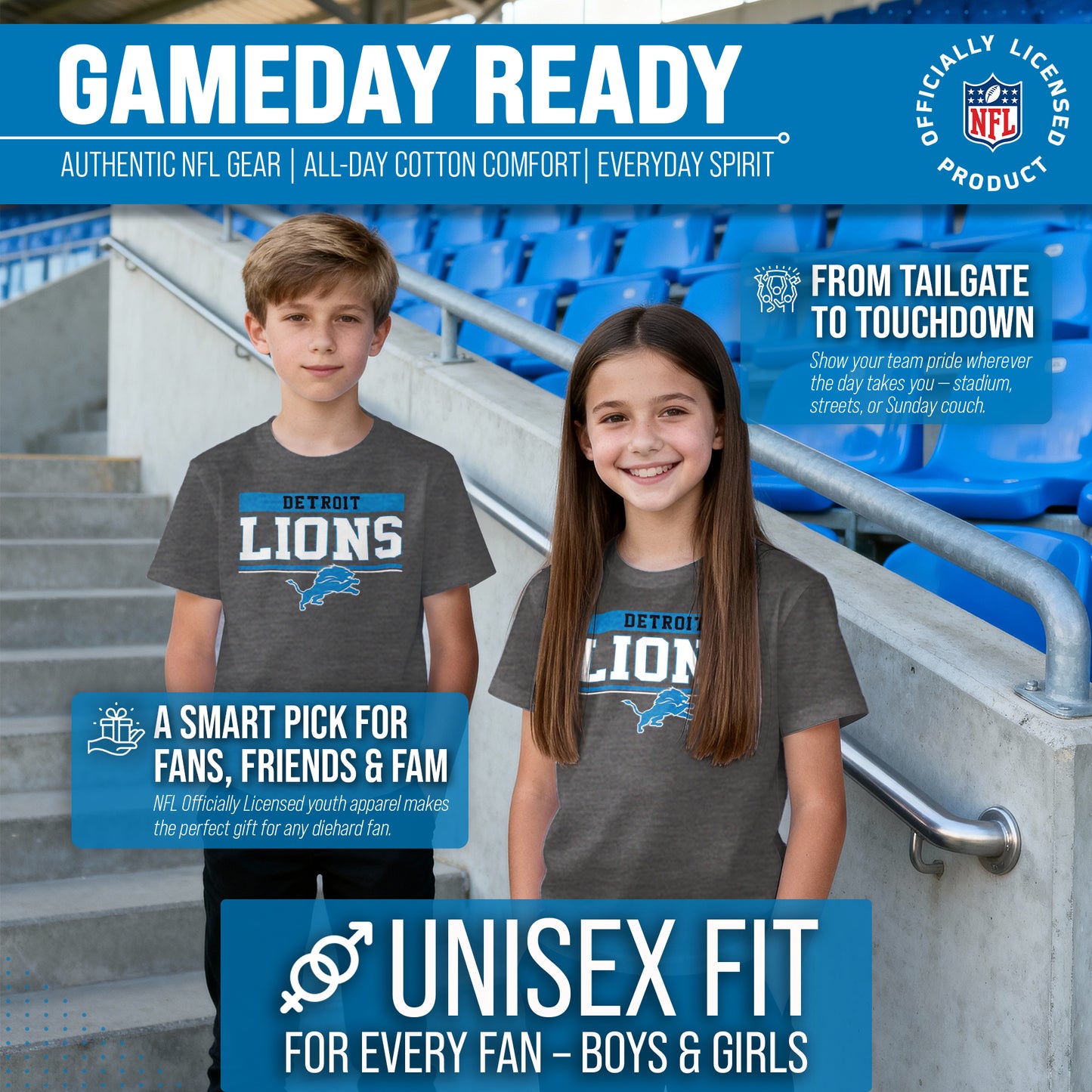 Detroit Lions NFL Youth Short Sleeve Charcoal T Shirt - Charcoal