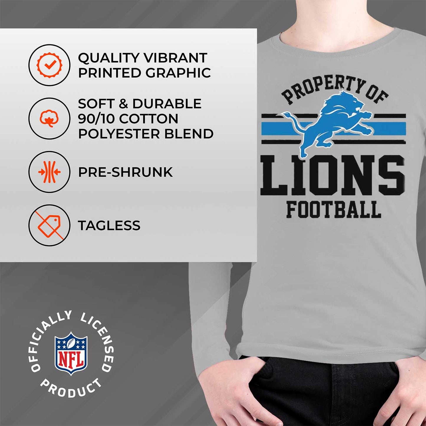 Detroit Lions NFL Youth Property Of Long Sleeve Lightweight T Shirt - Sport Gray