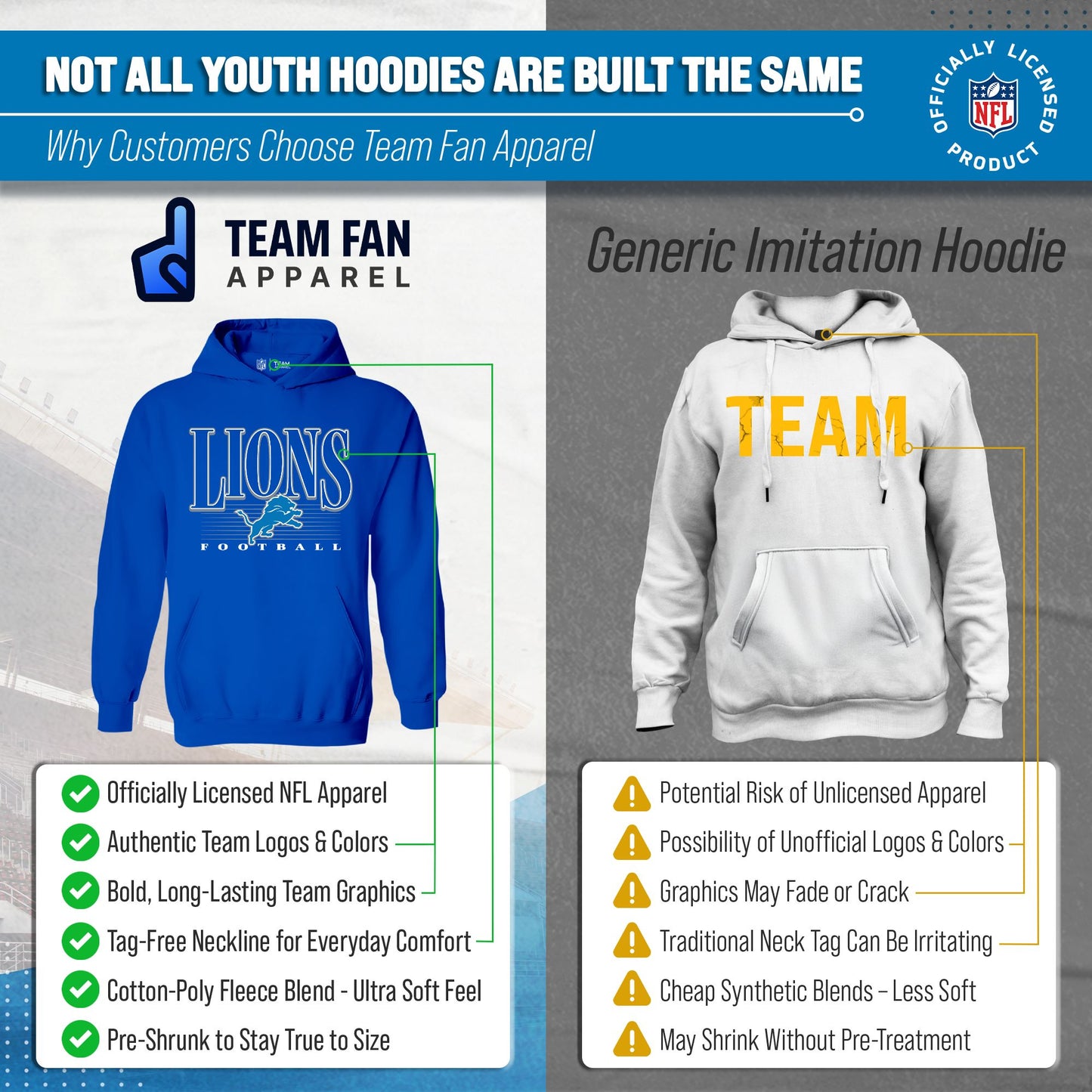 Detroit Lions NFL Youth Overtime Blueprint Football Fleece Hooded Sweatshirt - Royal