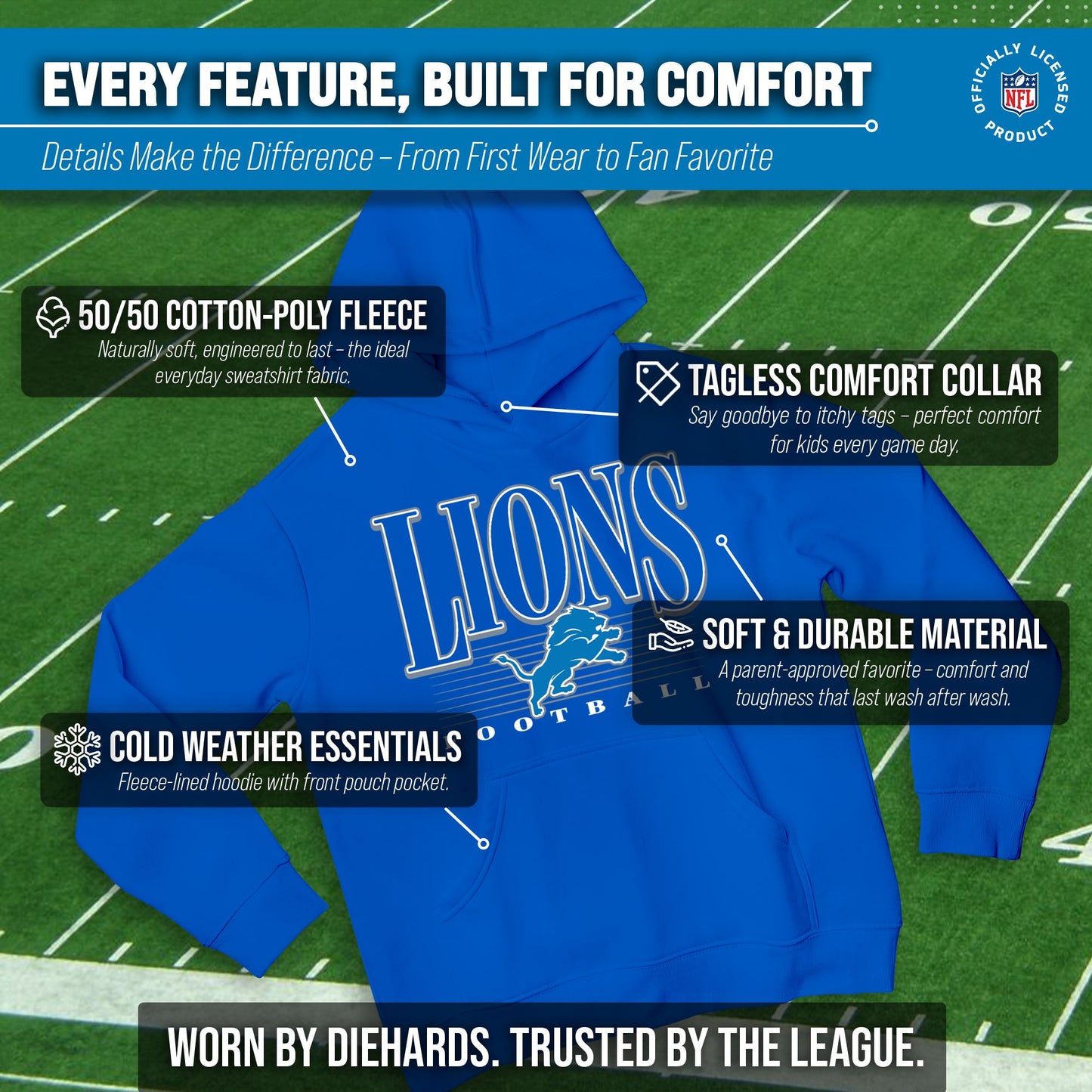 Detroit Lions NFL Youth Overtime Blueprint Football Fleece Hooded Sweatshirt - Royal