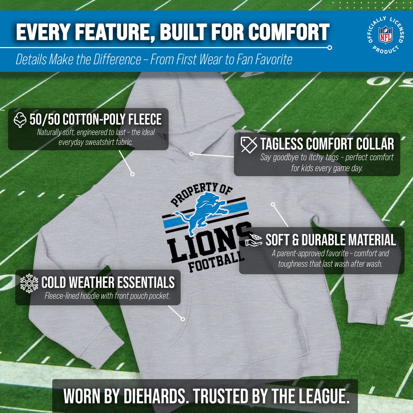 Detroit Lions NFL Youth Property Of Hooded Sweatshirt - Sport Gray