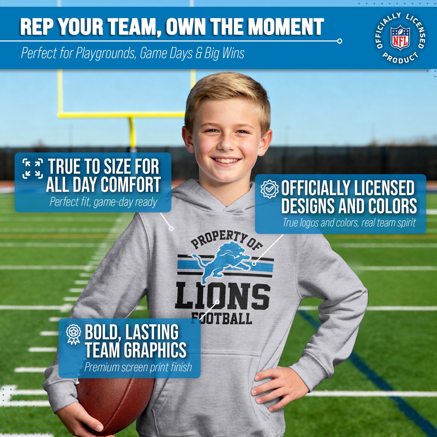 Detroit Lions NFL Youth Property Of Hooded Sweatshirt - Sport Gray