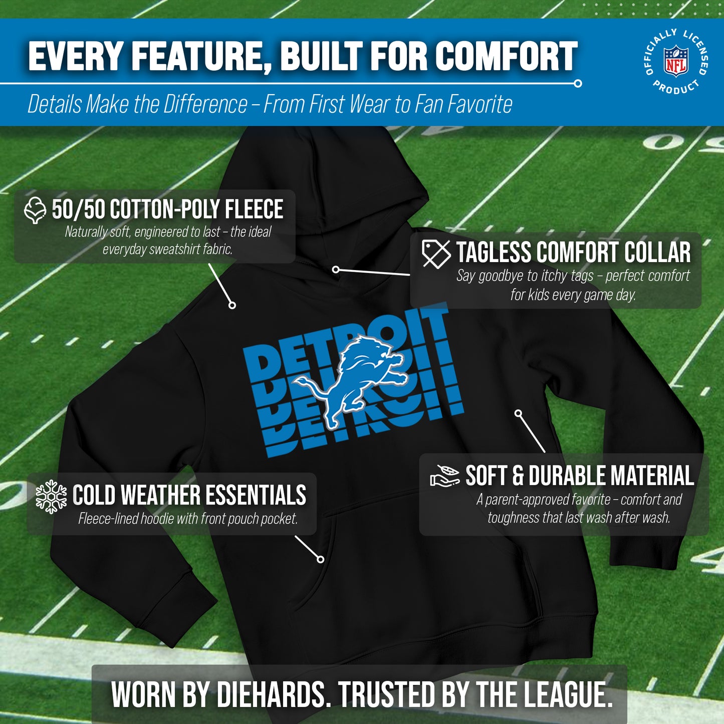 Detroit Lions NFL Youth Repeating Logo Football Fleece Hooded Sweatshirt - Black