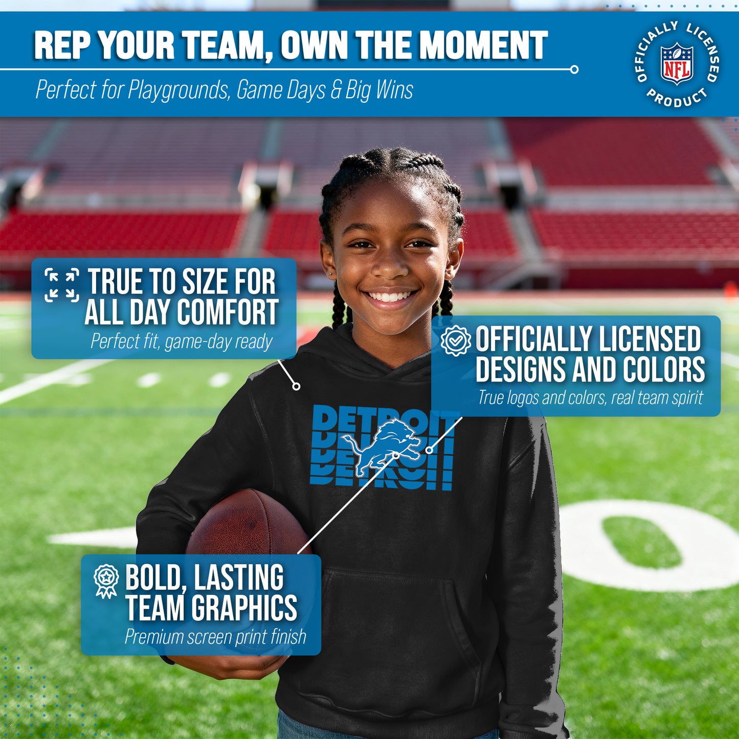 Detroit Lions NFL Youth Repeating Logo Football Fleece Hooded Sweatshirt - Black