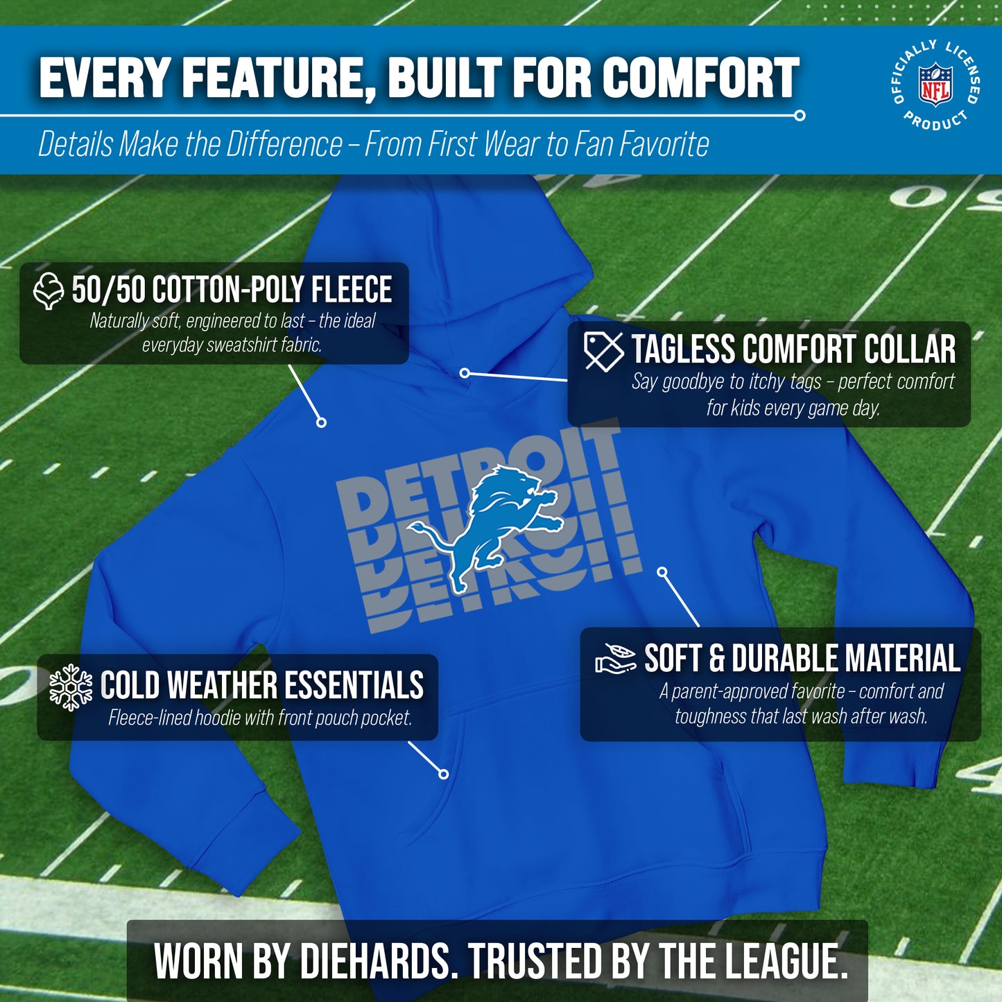 Detroit Lions NFL Youth Repeating Logo Football Fleece Hooded Sweatshirt - Royal