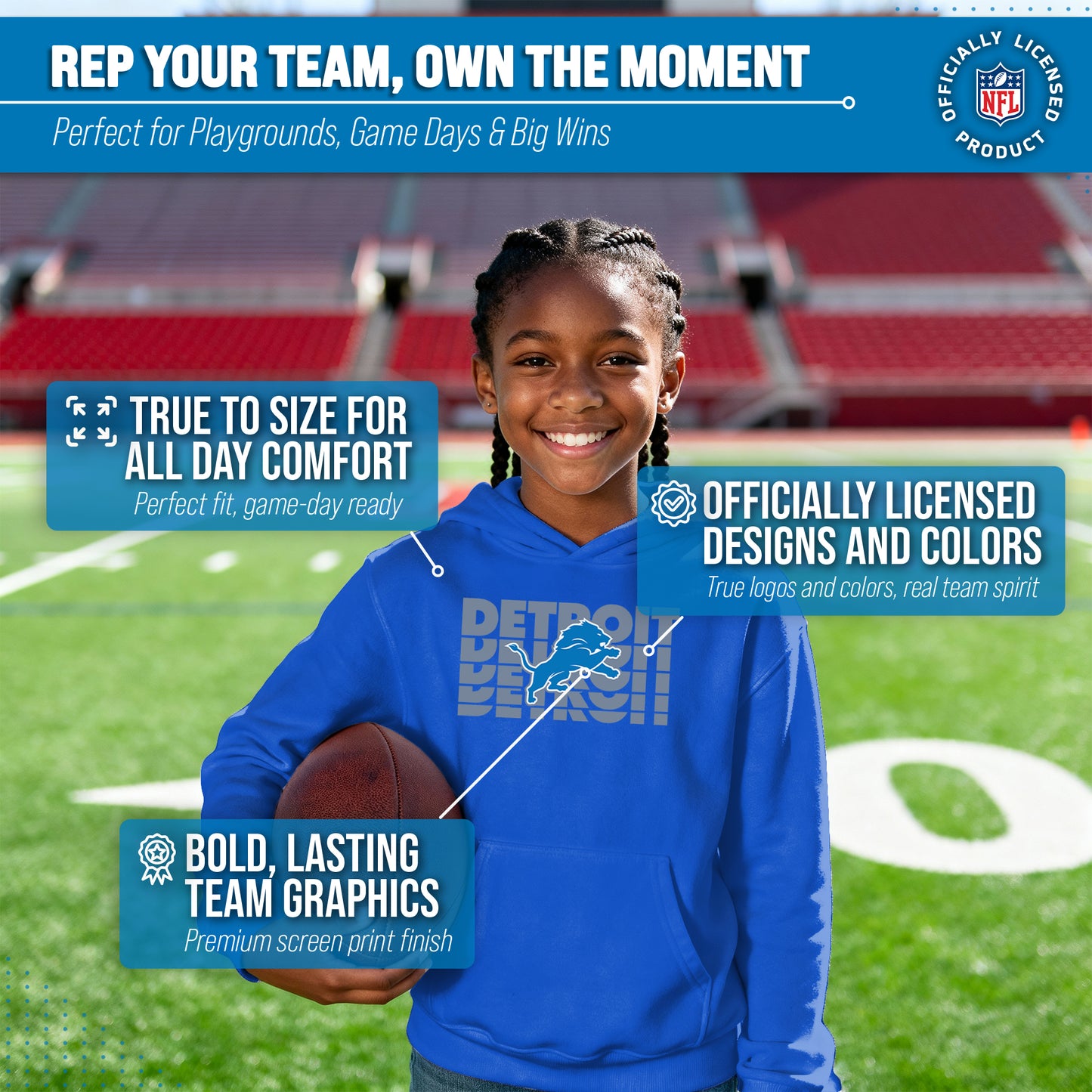 Detroit Lions NFL Youth Repeating Logo Football Fleece Hooded Sweatshirt - Royal