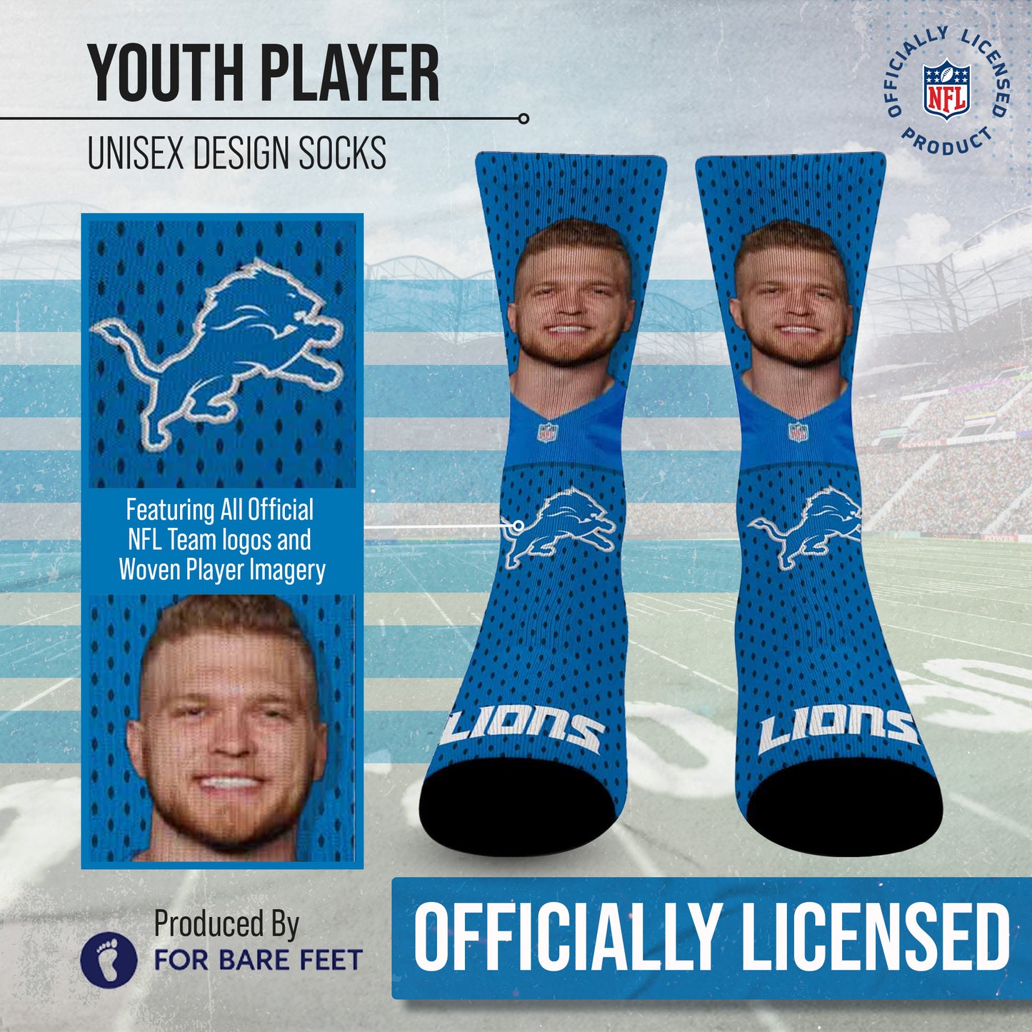 Detroit Lions NFL Youth Roster Player Crew Socks - Blue #14