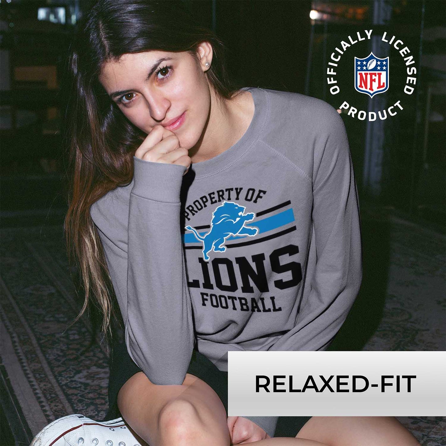 Detroit Lions NFL Womens Plus Size Property of Lightweight Crew Neck - Sport Gray