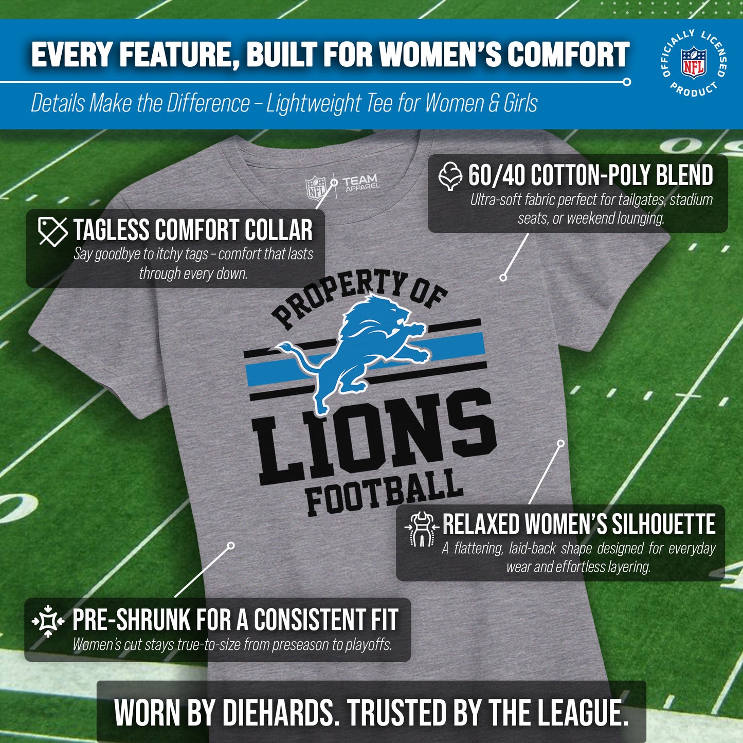 Detroit Lions NFL Womens Short Sleeve Property of Tshirt - Gray