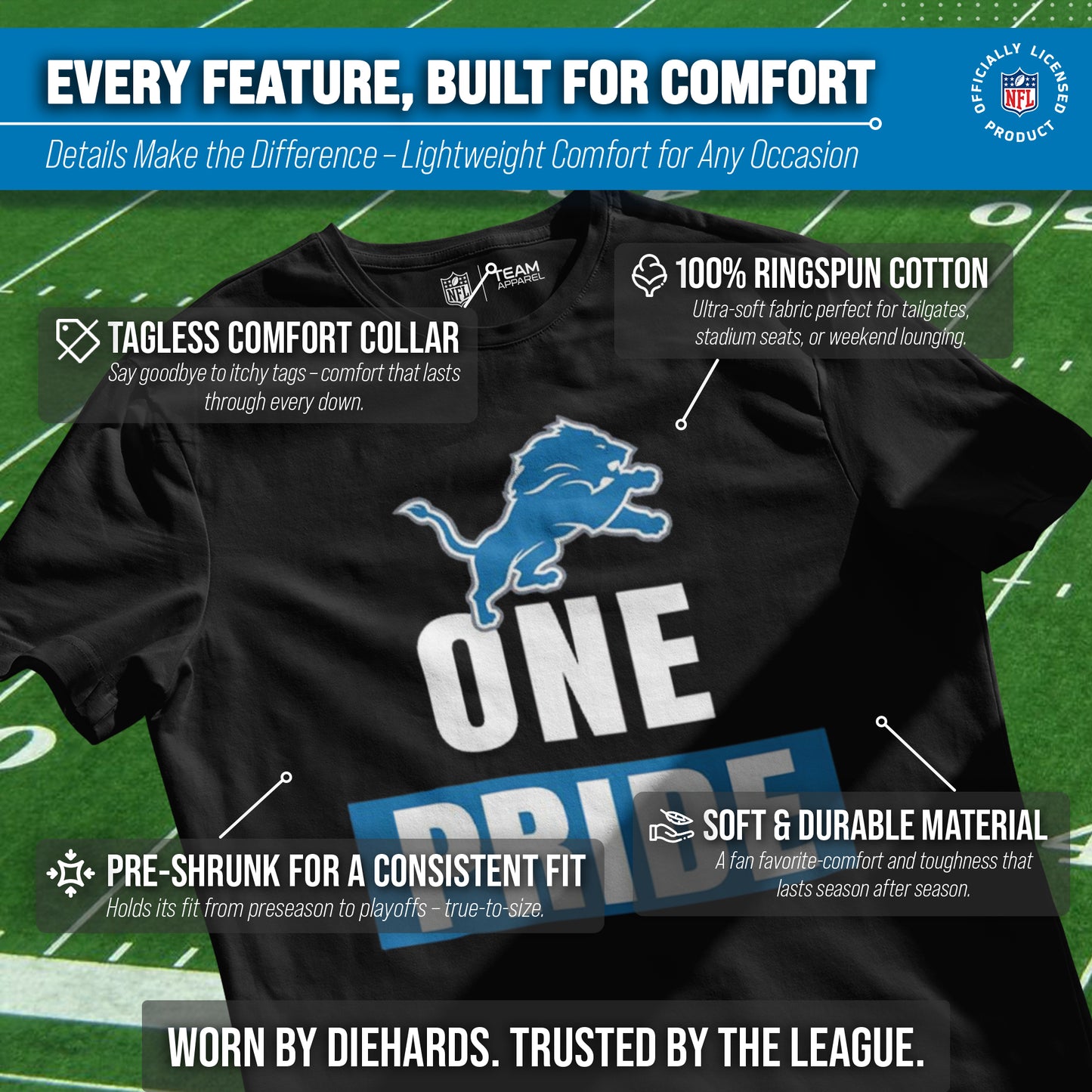 Detroit Lions NFL Adult Team Slogan Unisex T-Shirt - Black