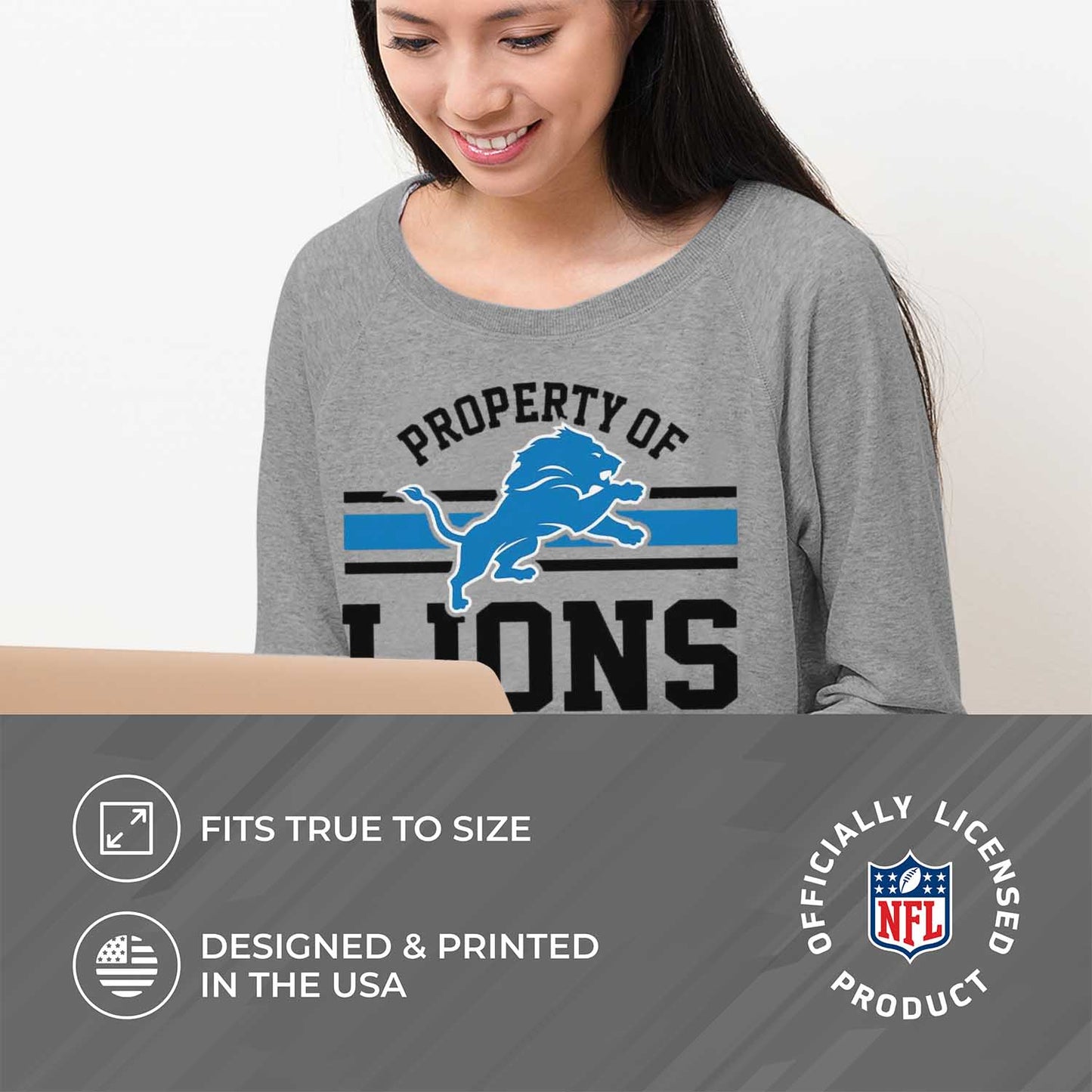 Detroit Lions NFL Womens Plus Size Property of Lightweight Crew Neck - Sport Gray