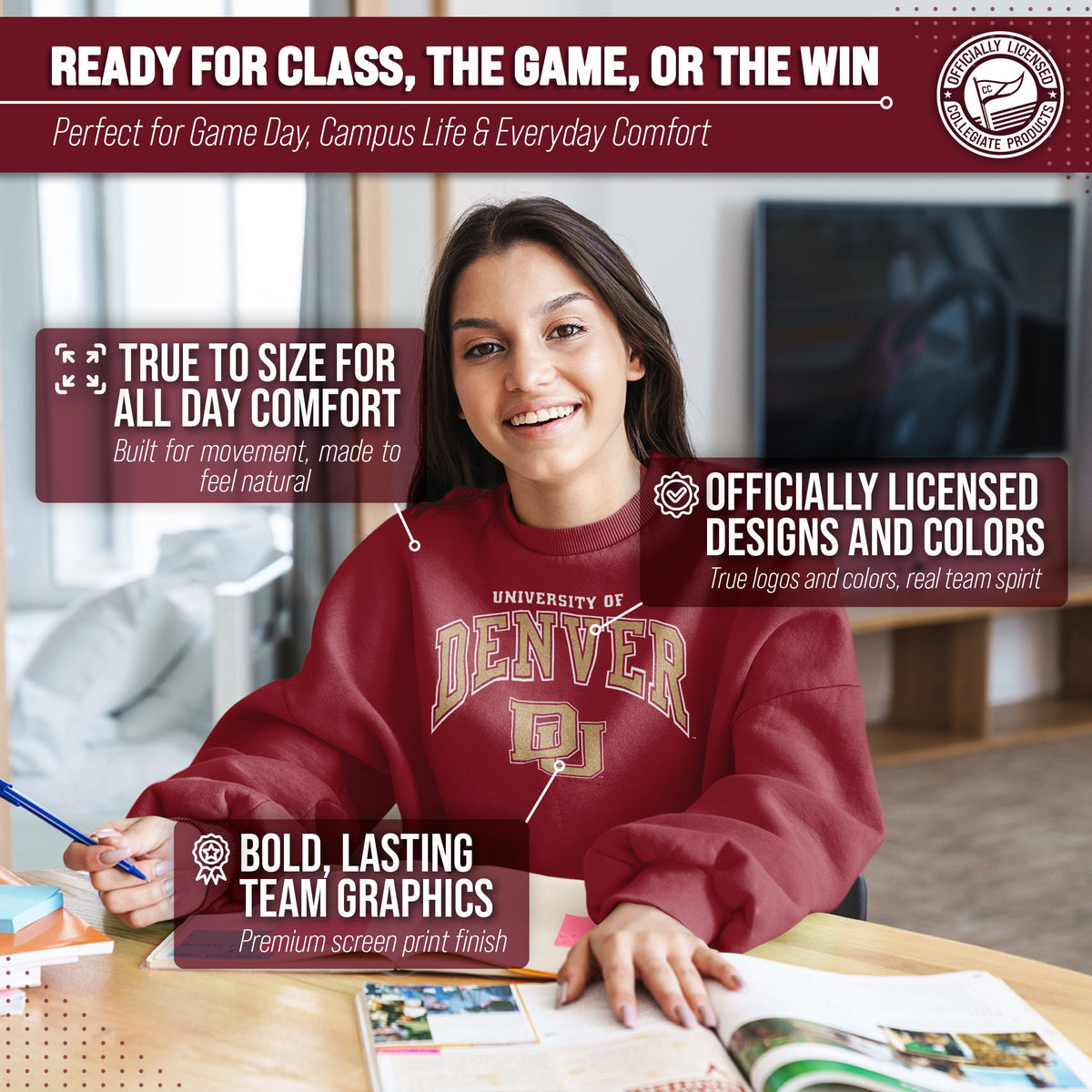 Denver Pioneers Adult Arch & Logo Soft Style Gameday Crewneck Sweatshirt - Maroon