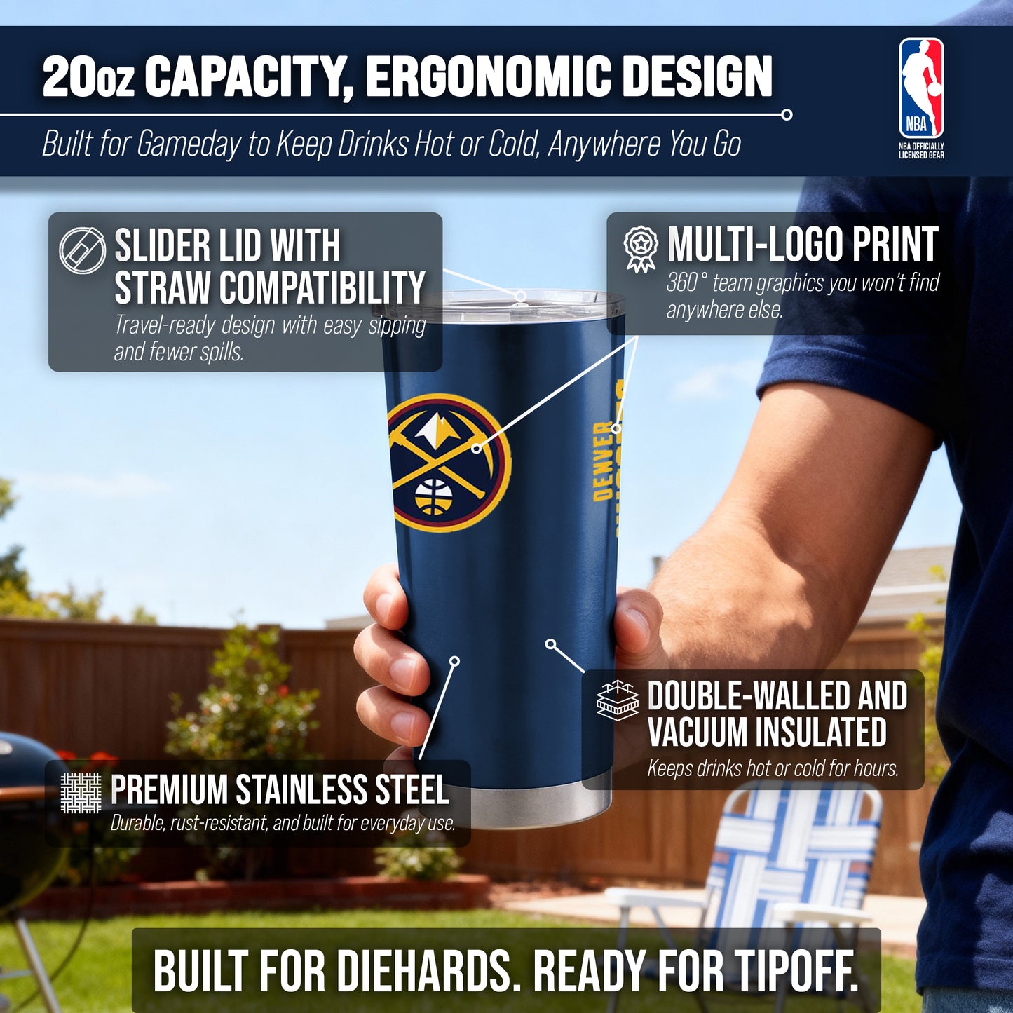 Denver Nuggets NBA Basketball 20oz Stainless Steel Vacuum Insulated Game Day Tumbler with Silicone Grip - Navy