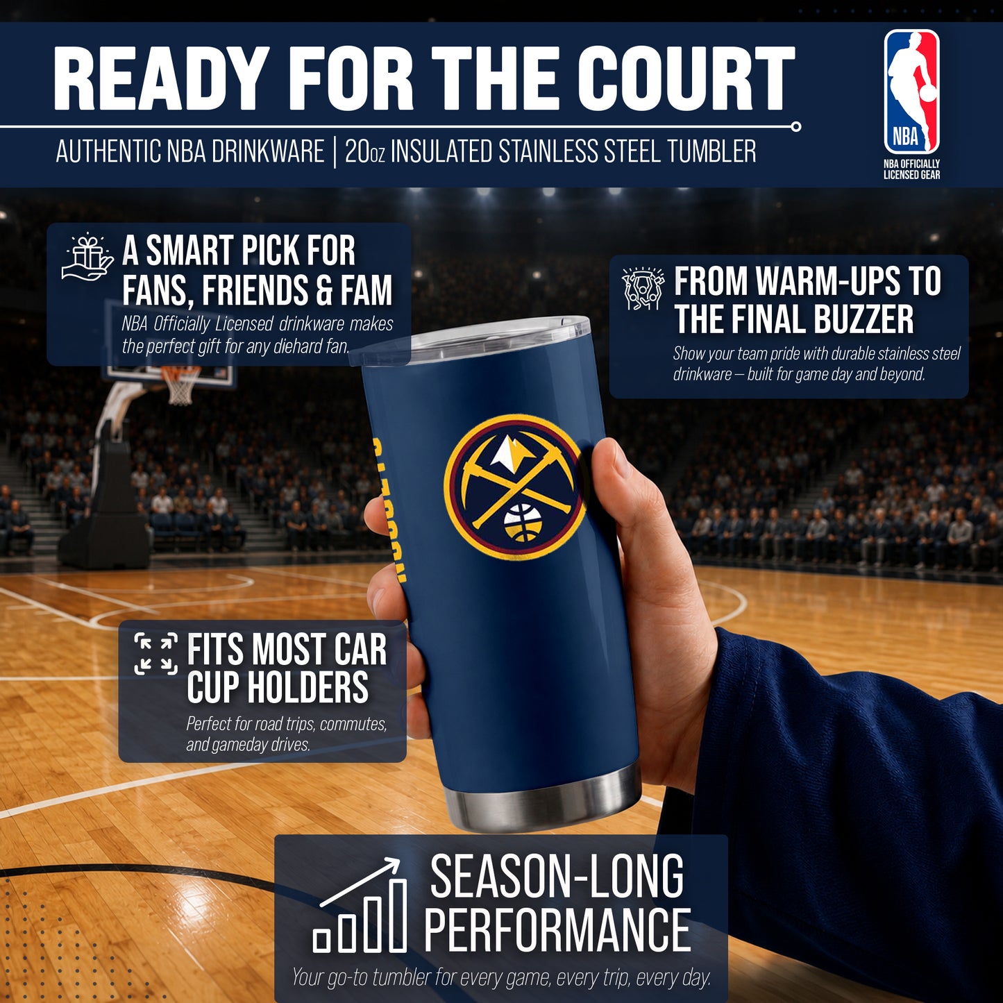 Denver Nuggets NBA Basketball 20oz Stainless Steel Vacuum Insulated Game Day Tumbler with Silicone Grip - Navy