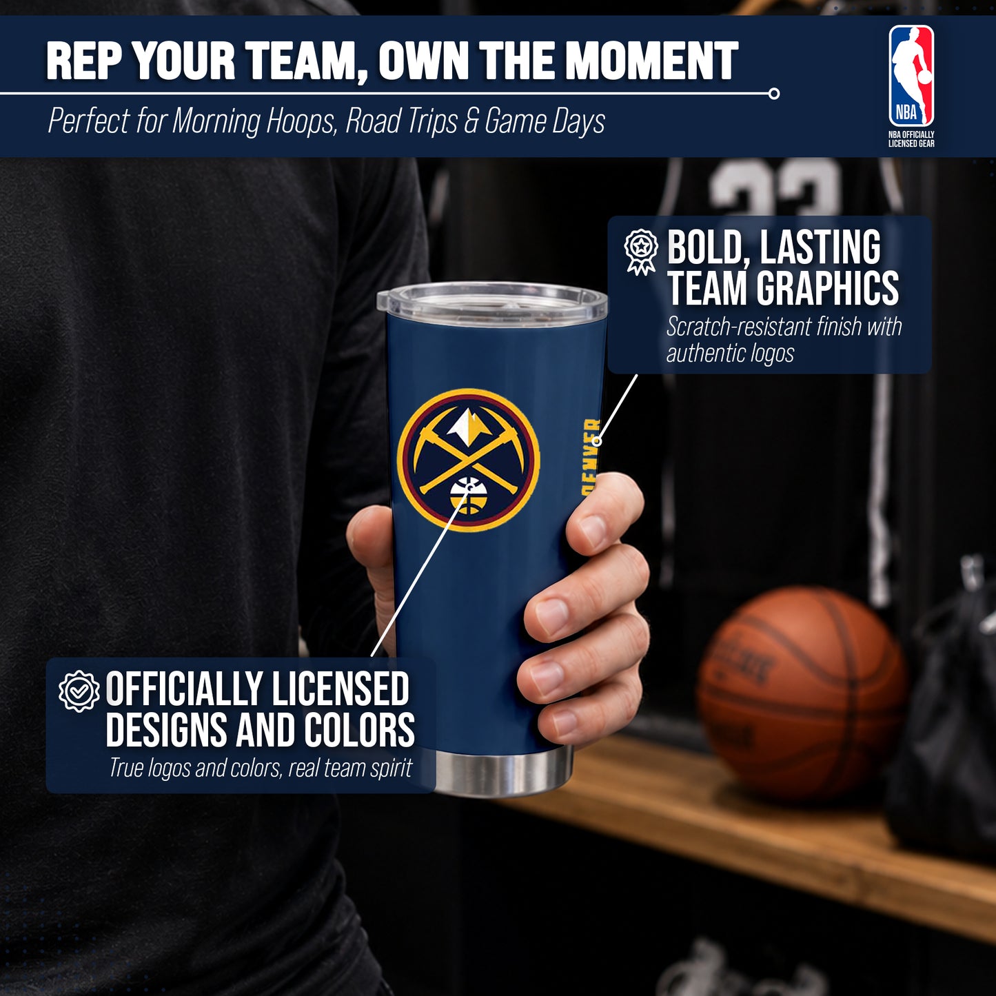 Denver Nuggets NBA Basketball 20oz Stainless Steel Vacuum Insulated Game Day Tumbler with Silicone Grip - Navy
