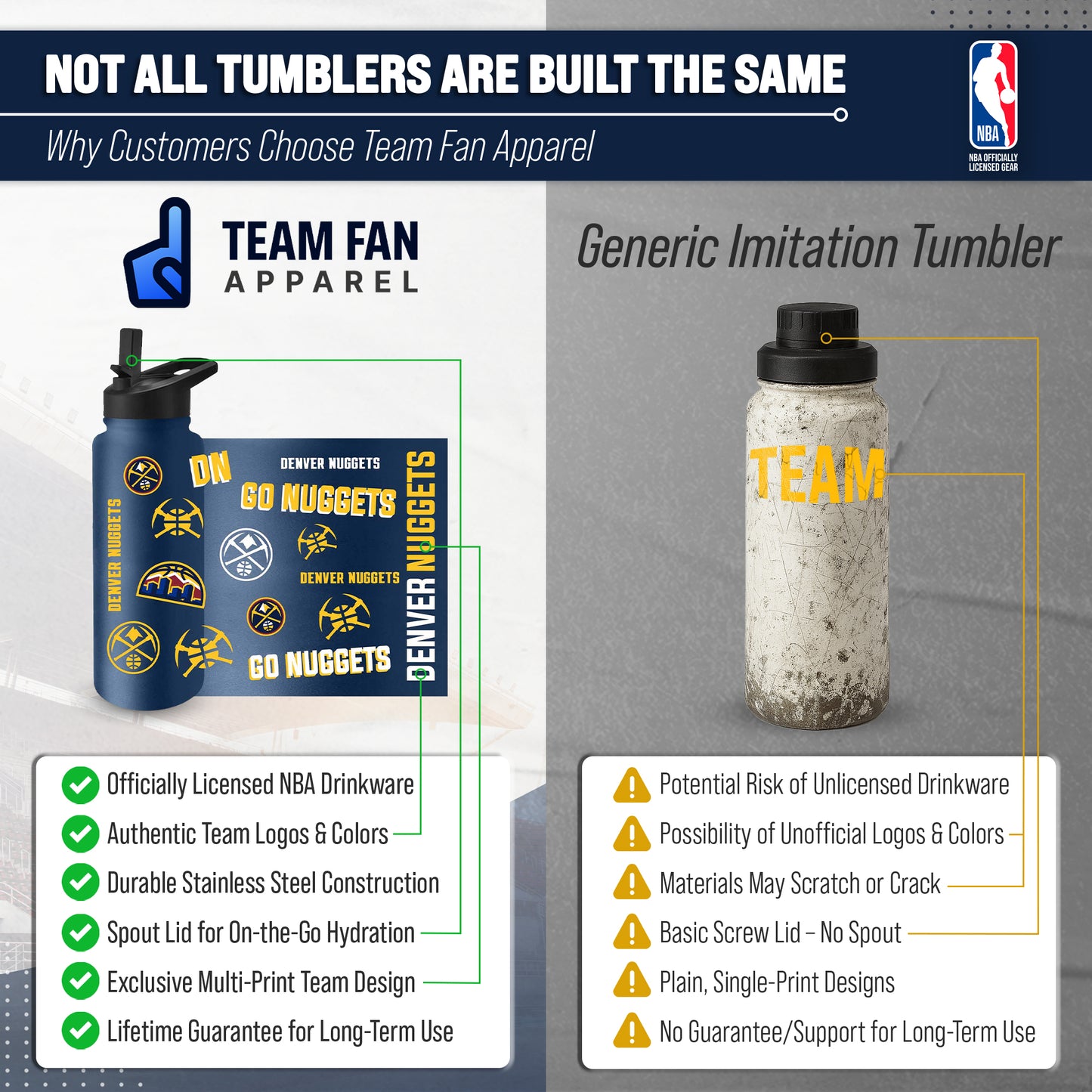 Denver Nuggets NBA Basketball 34oz Stainless Steel Vacuum Insulated Game Day Water Bottle with Flip Straw Lid and Handle - Navy