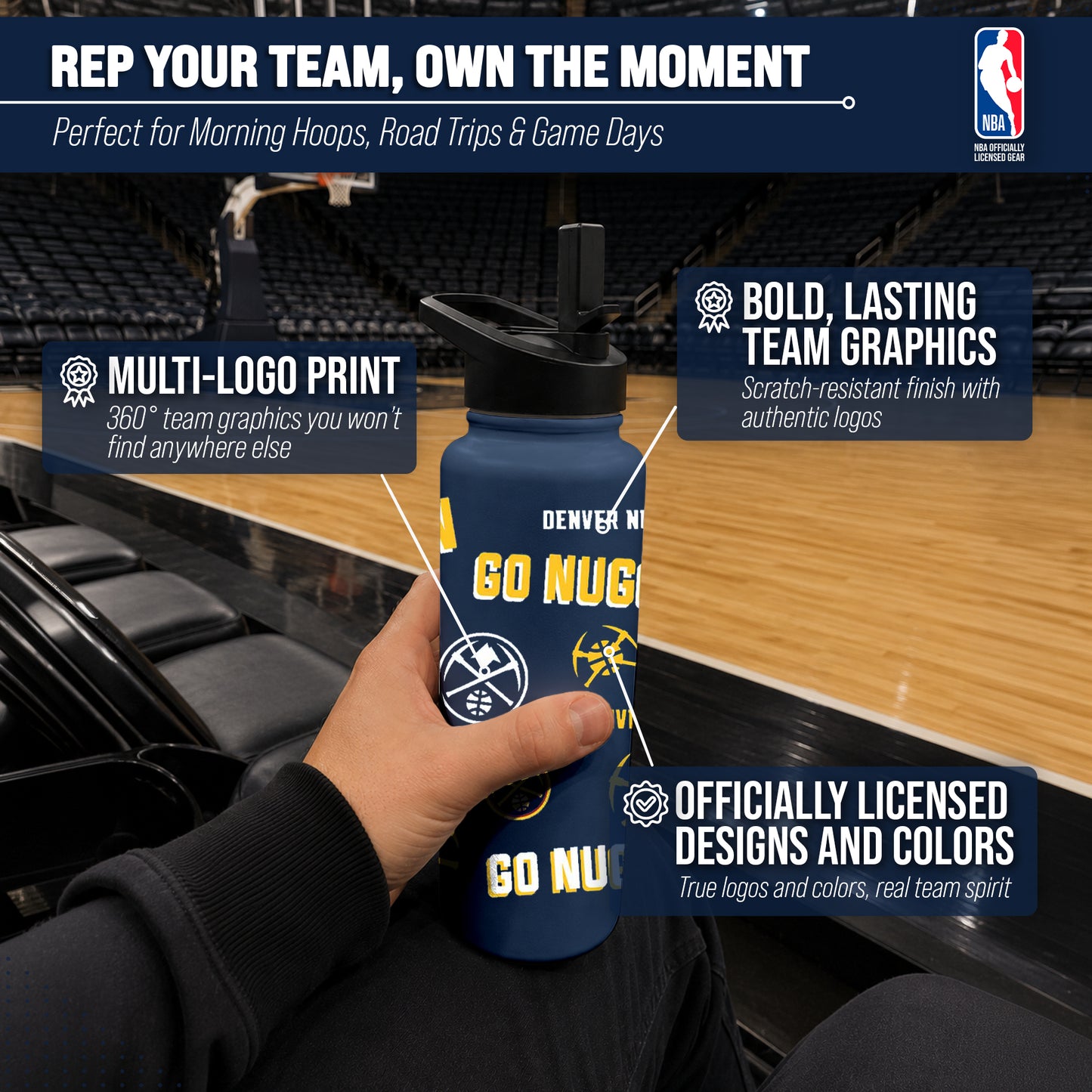 Denver Nuggets NBA Basketball 34oz Stainless Steel Vacuum Insulated Game Day Water Bottle with Flip Straw Lid and Handle - Navy
