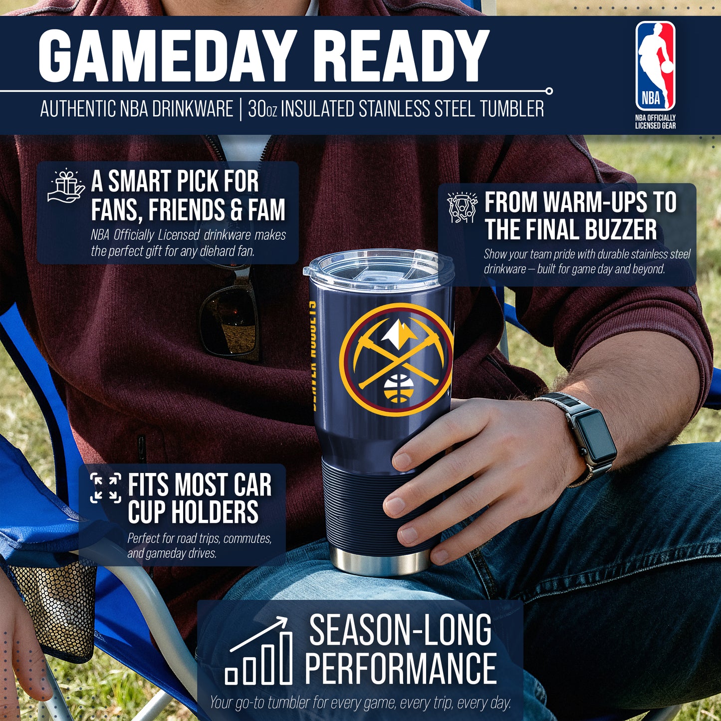 Denver Nuggets NBA Basketball 30oz Stainless Steel Vacuum Insulated Game Day Tumbler with Silicone Grip - Navy