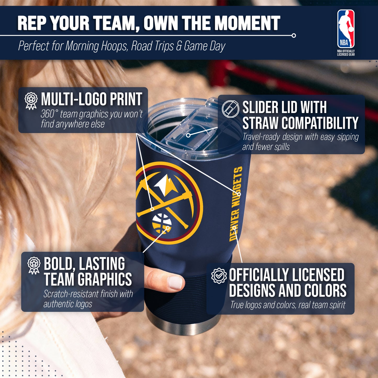 Denver Nuggets NBA Basketball 30oz Stainless Steel Vacuum Insulated Game Day Tumbler with Silicone Grip - Navy