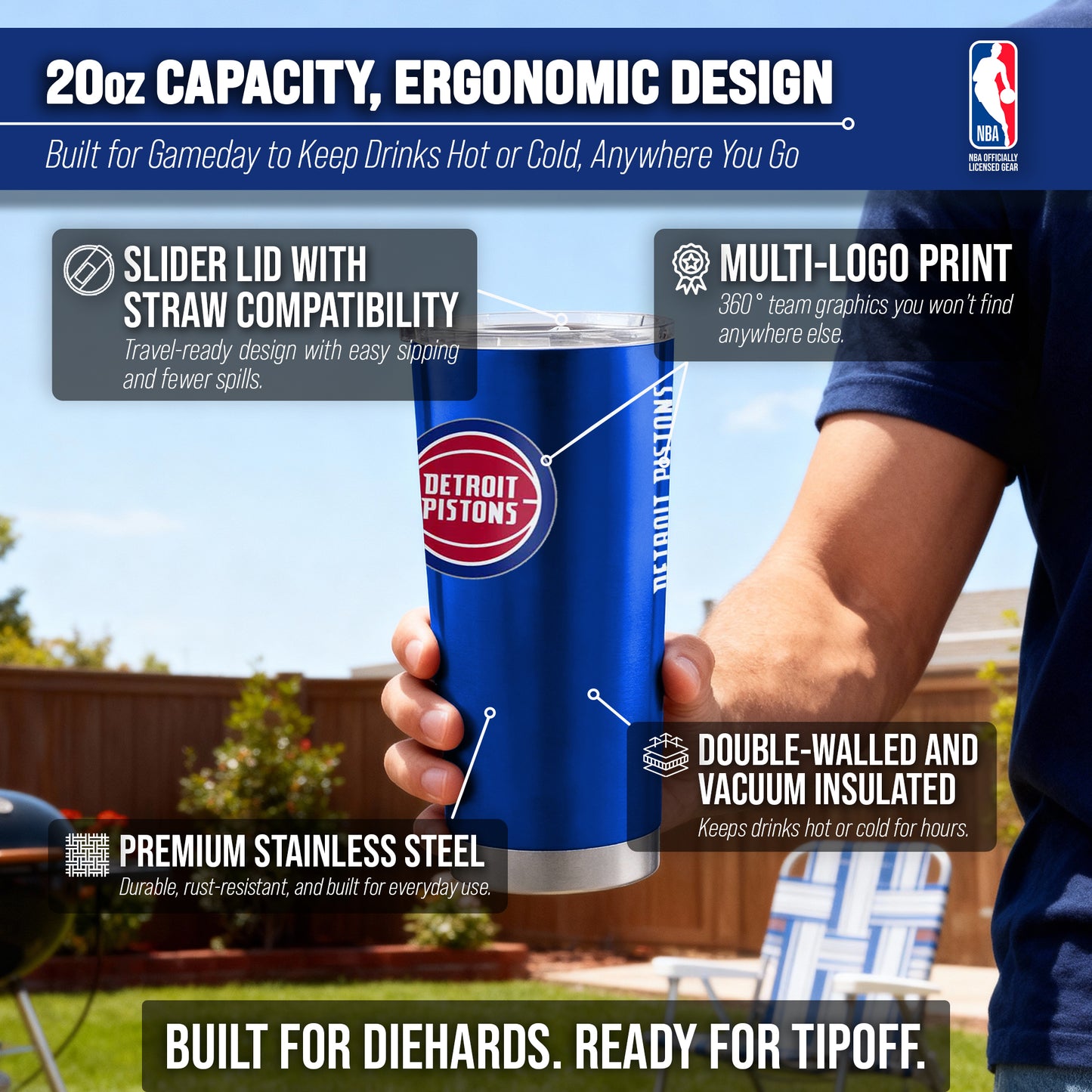 Detroit Pistons NBA Basketball 20oz Stainless Steel Vacuum Insulated Game Day Tumbler with Silicone Grip - Royal