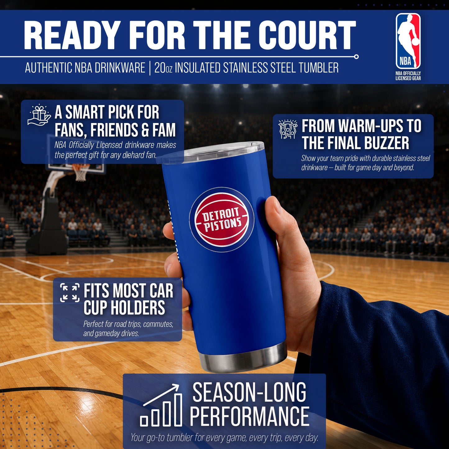 Detroit Pistons NBA Basketball 20oz Stainless Steel Vacuum Insulated Game Day Tumbler with Silicone Grip - Royal