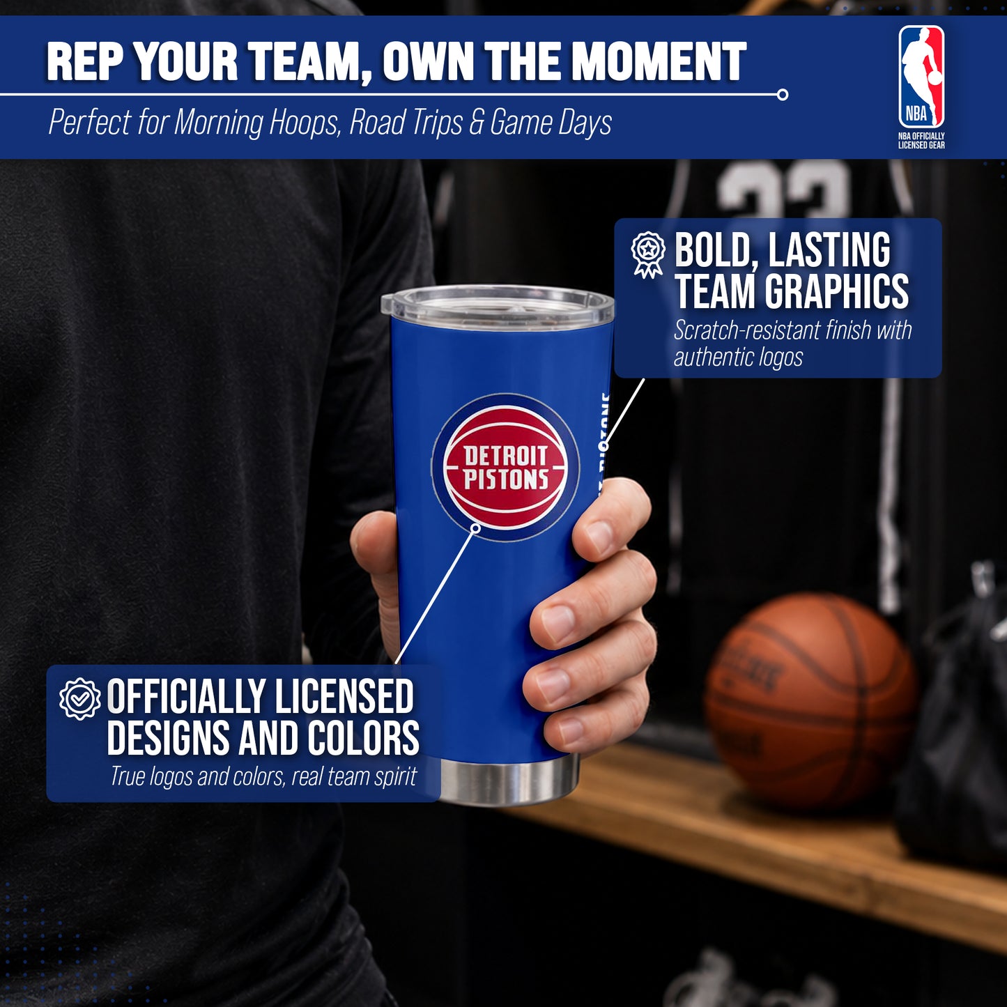 Detroit Pistons NBA Basketball 20oz Stainless Steel Vacuum Insulated Game Day Tumbler with Silicone Grip - Royal