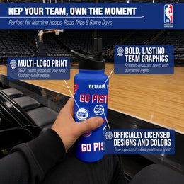 Detroit Pistons NBA Basketball 34oz Stainless Steel Vacuum Insulated Game Day Water Bottle with Flip Straw Lid and Handle - Royal