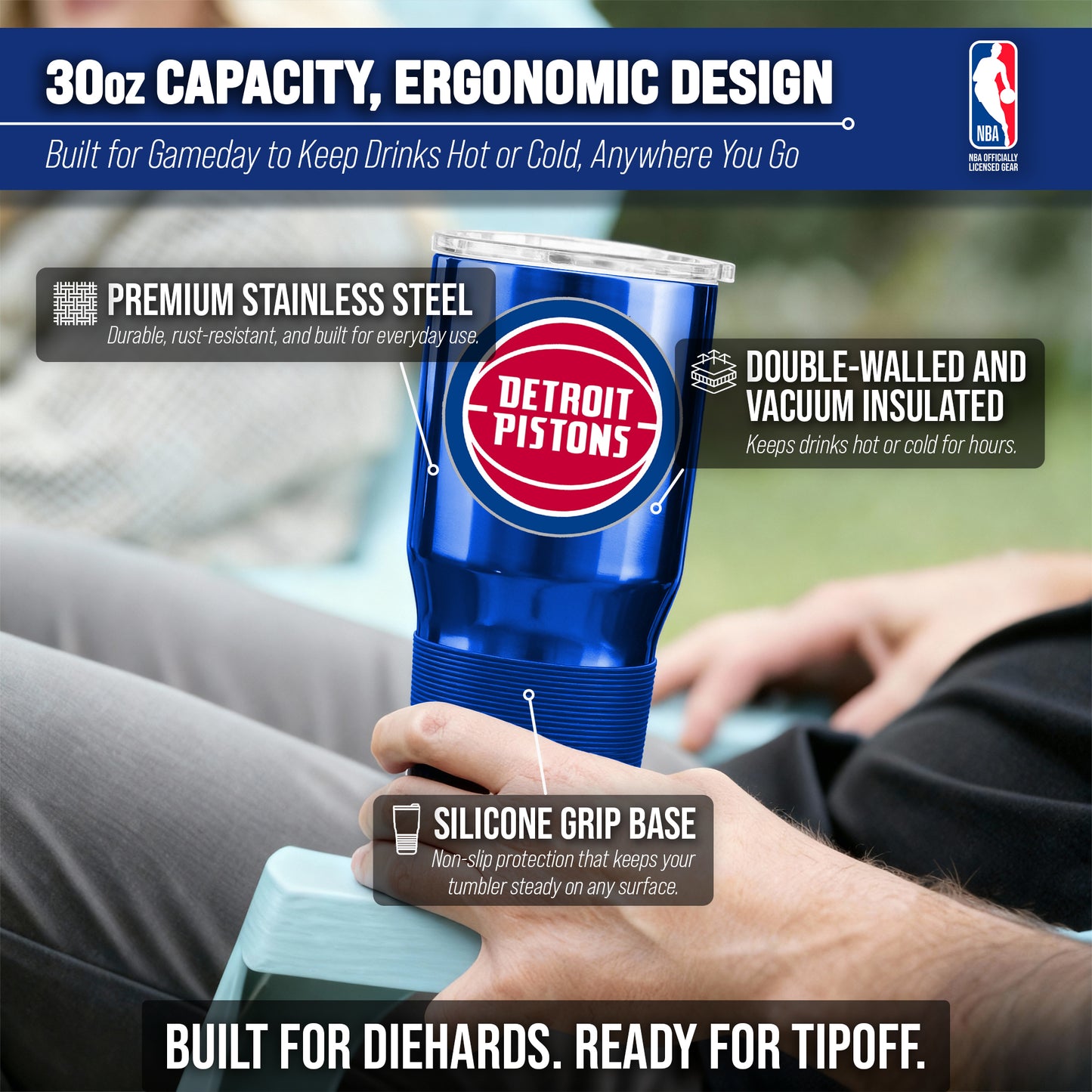 Detroit Pistons NBA Basketball 30oz Stainless Steel Vacuum Insulated Game Day Tumbler with Silicone Grip - Royal