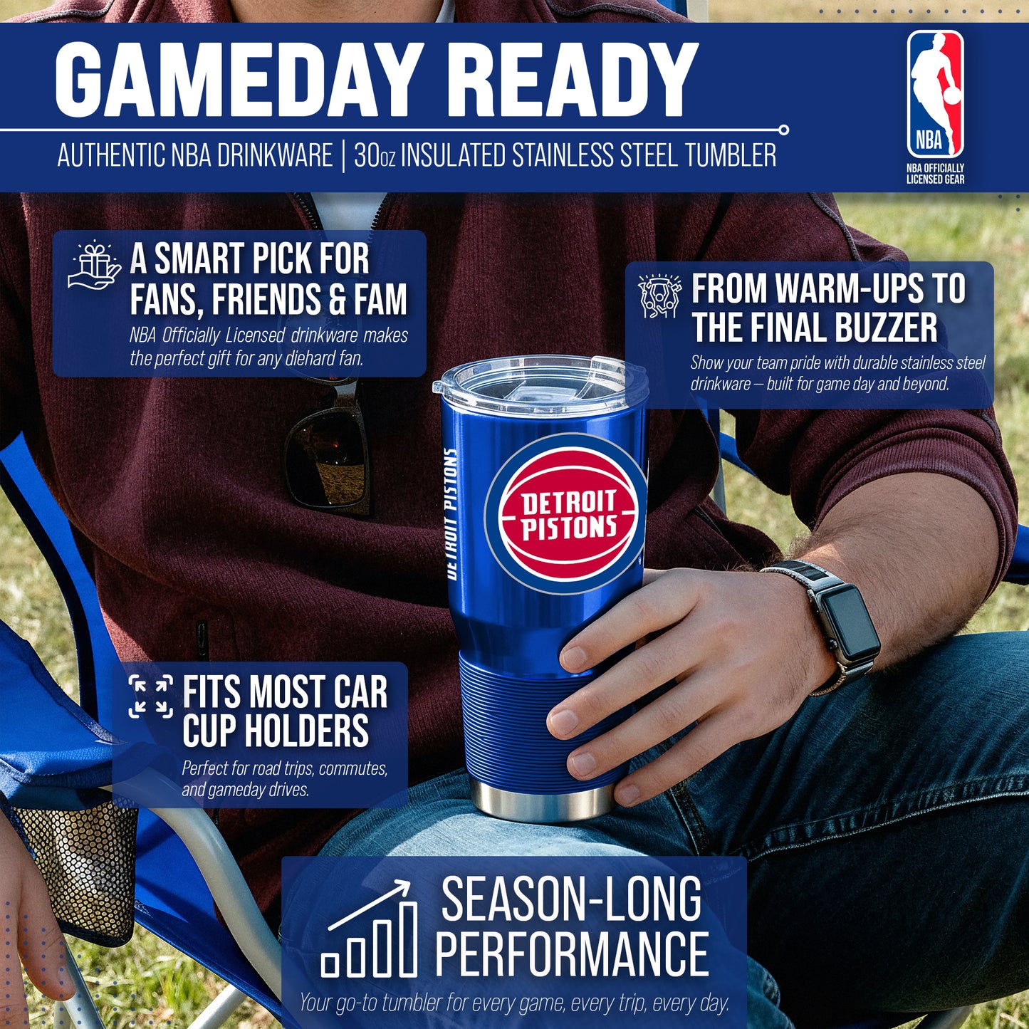 Detroit Pistons NBA Basketball 30oz Stainless Steel Vacuum Insulated Game Day Tumbler with Silicone Grip - Royal