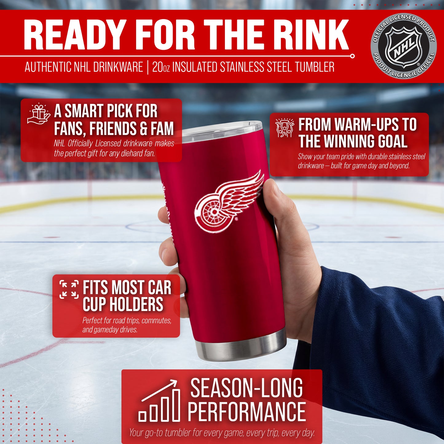 Detroit Red Wings NHL Hockey 20oz Stainless Steel Vacuum Insulated Game Day Tumbler with Silicone Grip - Red