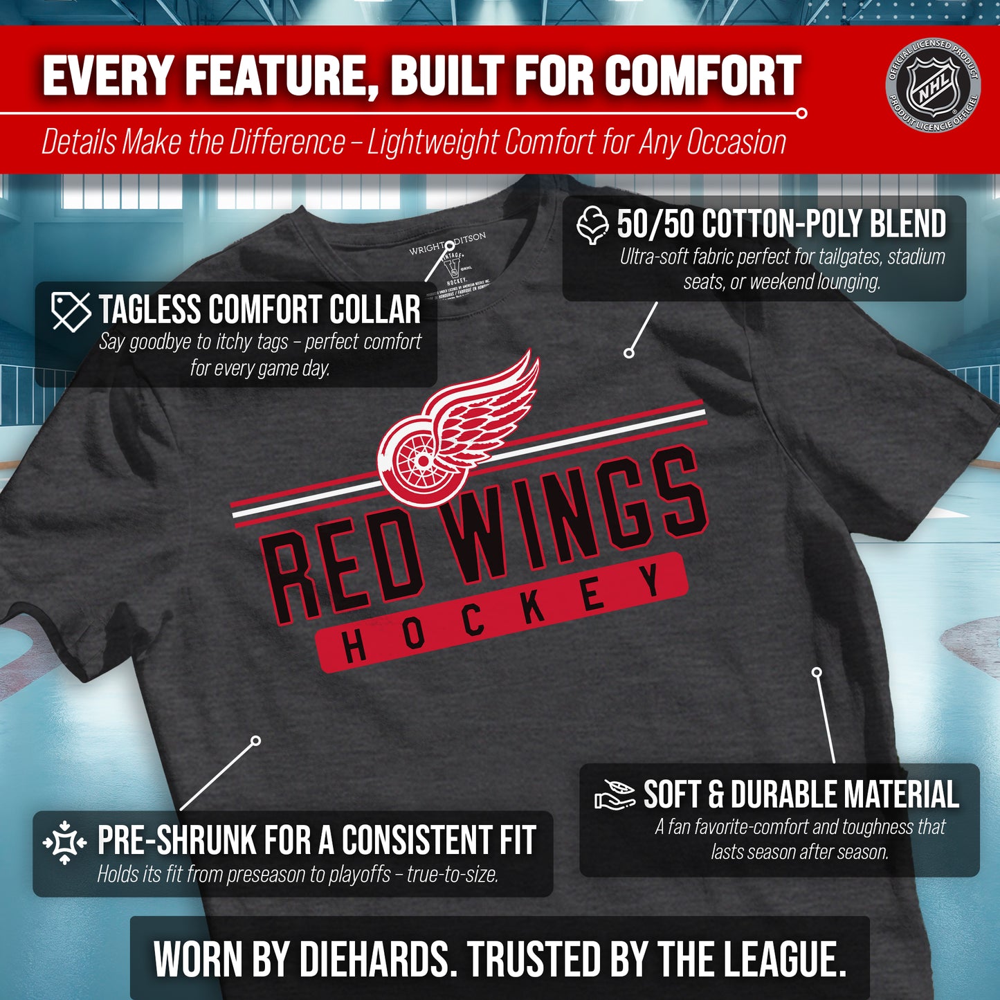 Detroit Red Wings Adult NHL Heather Charcoal True Fan Hockey T-Shirt - Charcoal