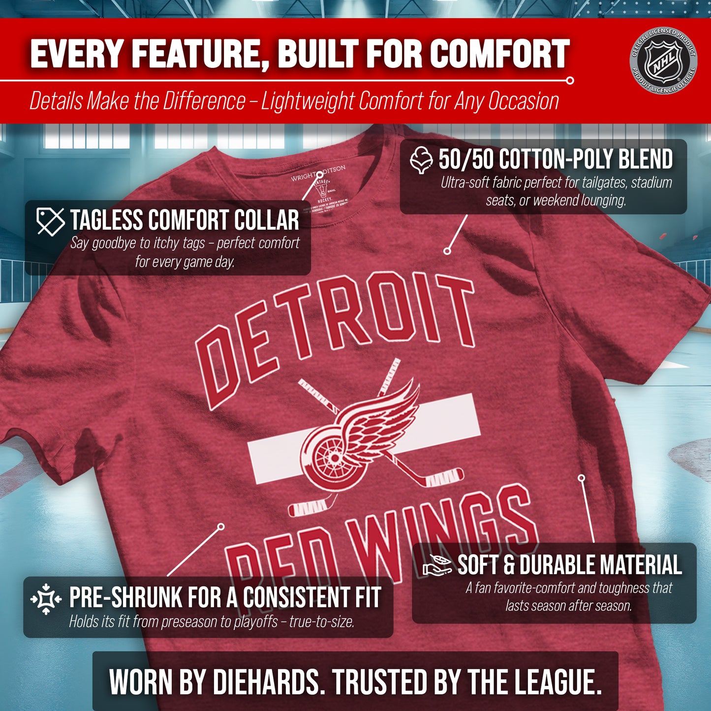 Detroit Red Wings NHL Adult Faceoff Tag-Less T-Shirt - Red