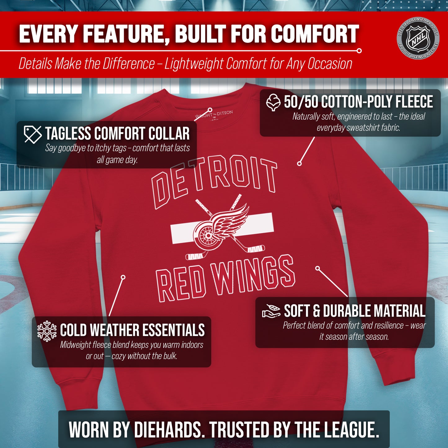 Detroit Red Wings Adult NHL Faceoff Hockey Fleece Crewneck Sweatshirt - Red