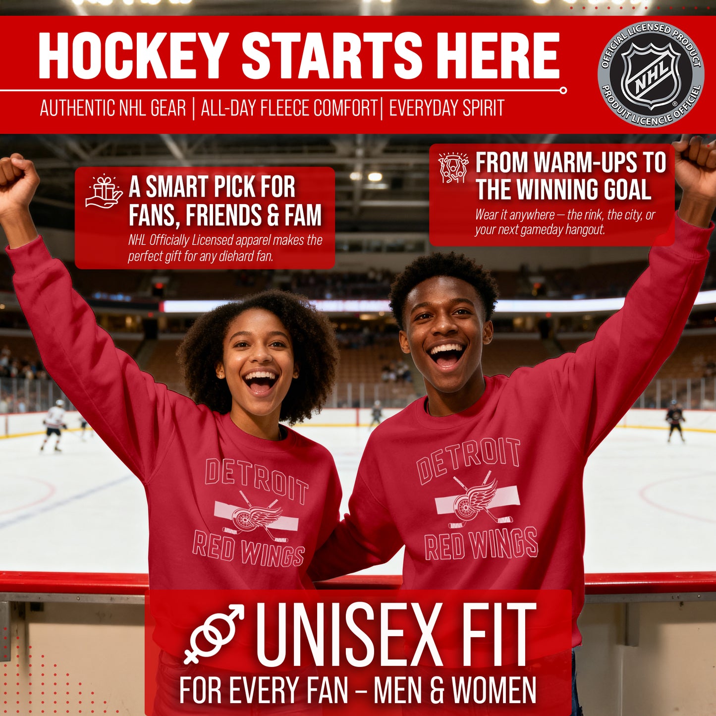 Detroit Red Wings Adult NHL Faceoff Hockey Fleece Crewneck Sweatshirt - Red